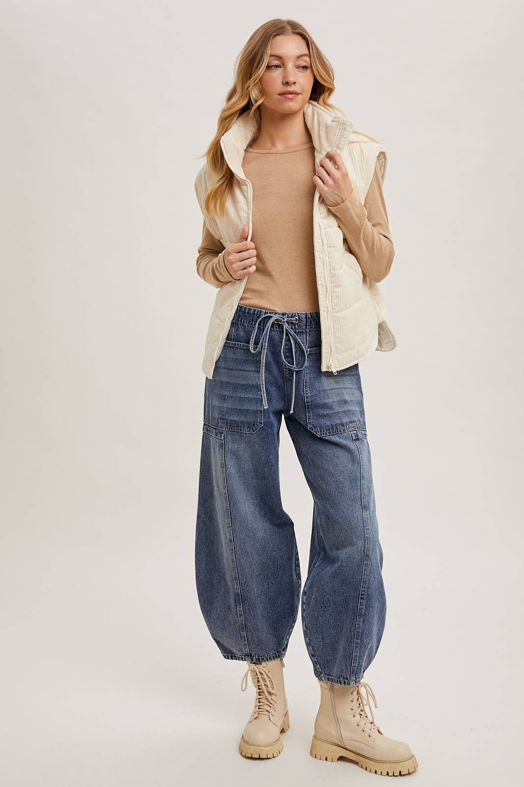 CORDUROY QUILTED PUFFER VEST: CAMEL / M