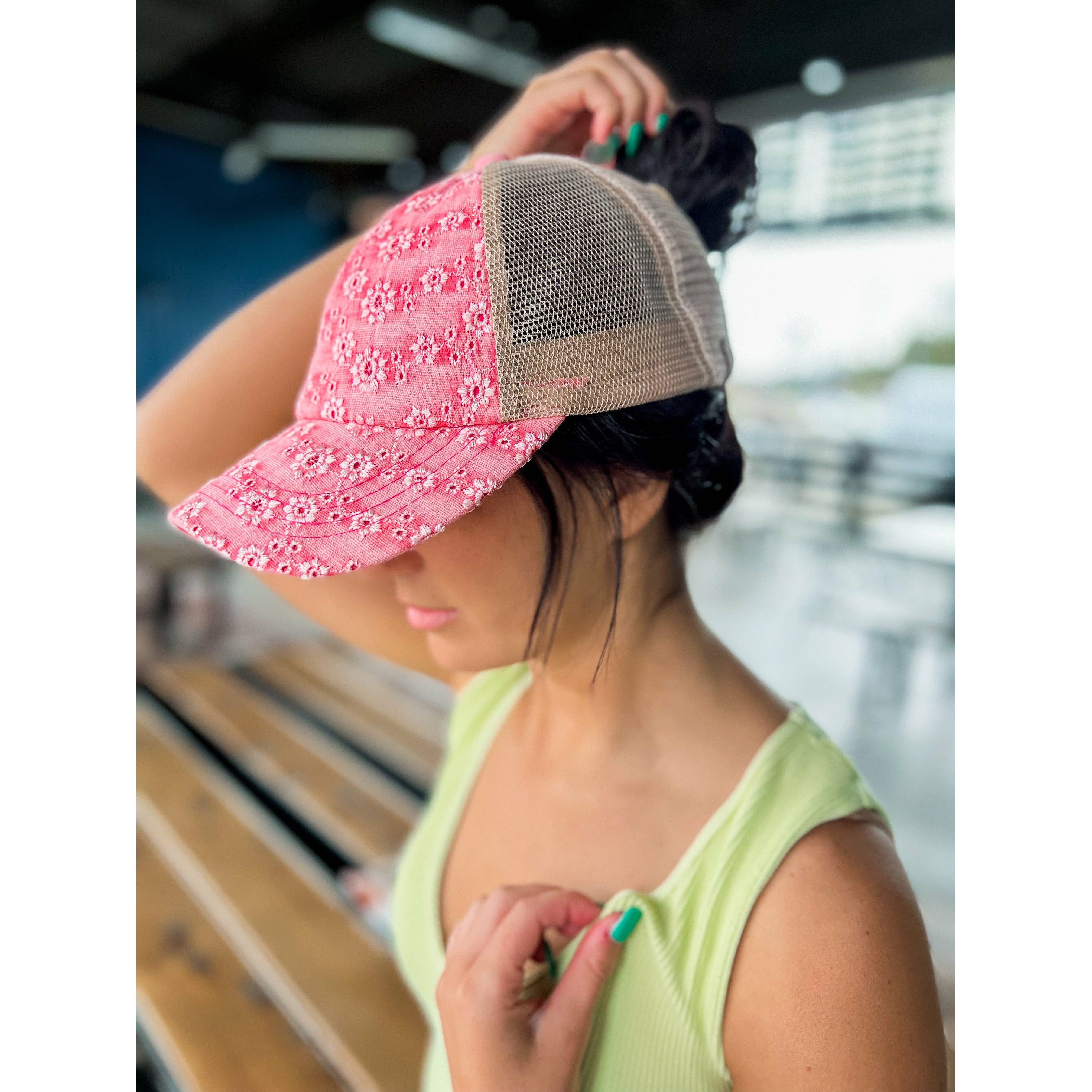 Eyelet Embroidered Criss Cross High Pony C.C Baseball Hat