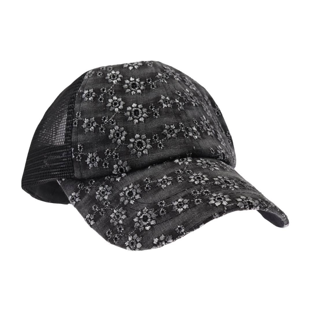 Eyelet Embroidered Criss Cross High Pony C.C Baseball Hat