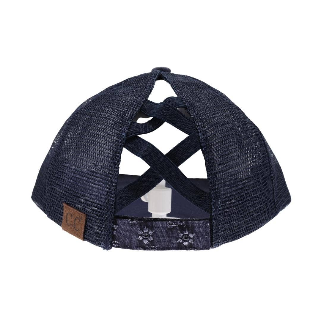 Eyelet Embroidered Criss Cross High Pony C.C Baseball Hat