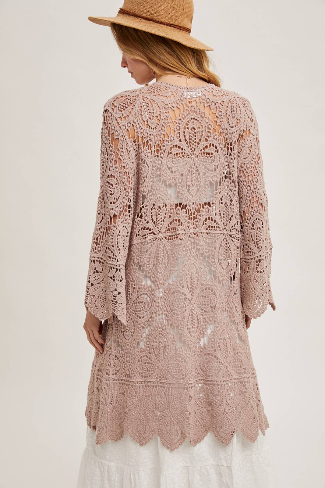 CROCHET OPEN FRONT BELL SLEEVED CARDIGAN: NATURAL / S/M