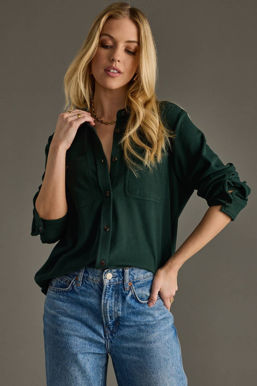 Mindi Hunter Green Super Soft Button Up