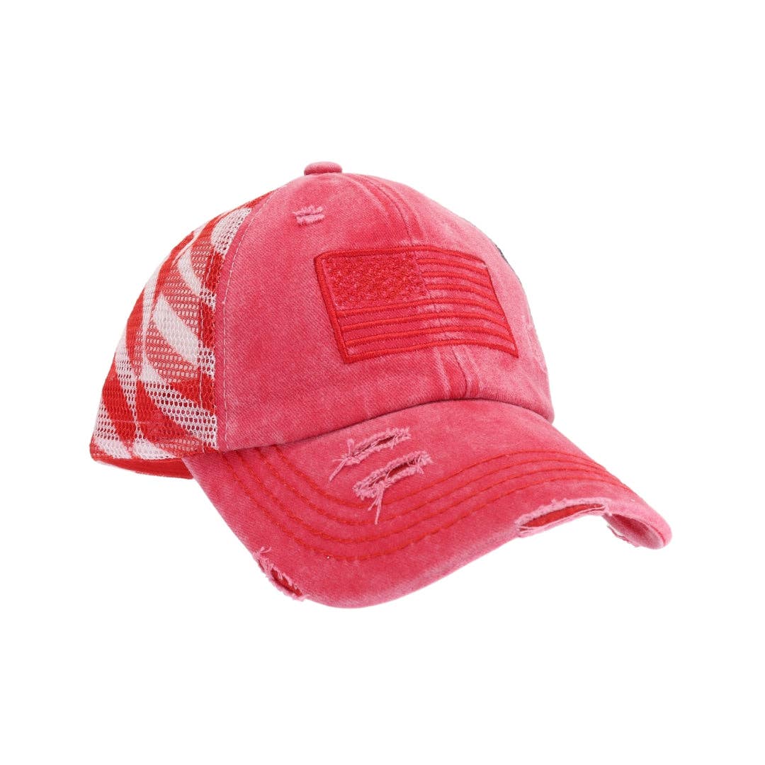 American Flag Criss Cross High Pony C.C Ball Cap BTB8060: White