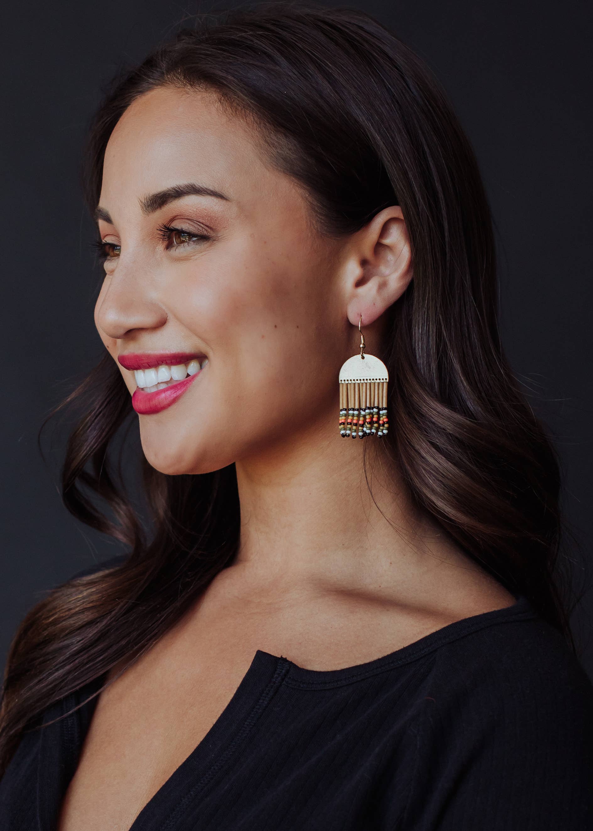 Gold, Tan & Multicolored Beaded Earrings