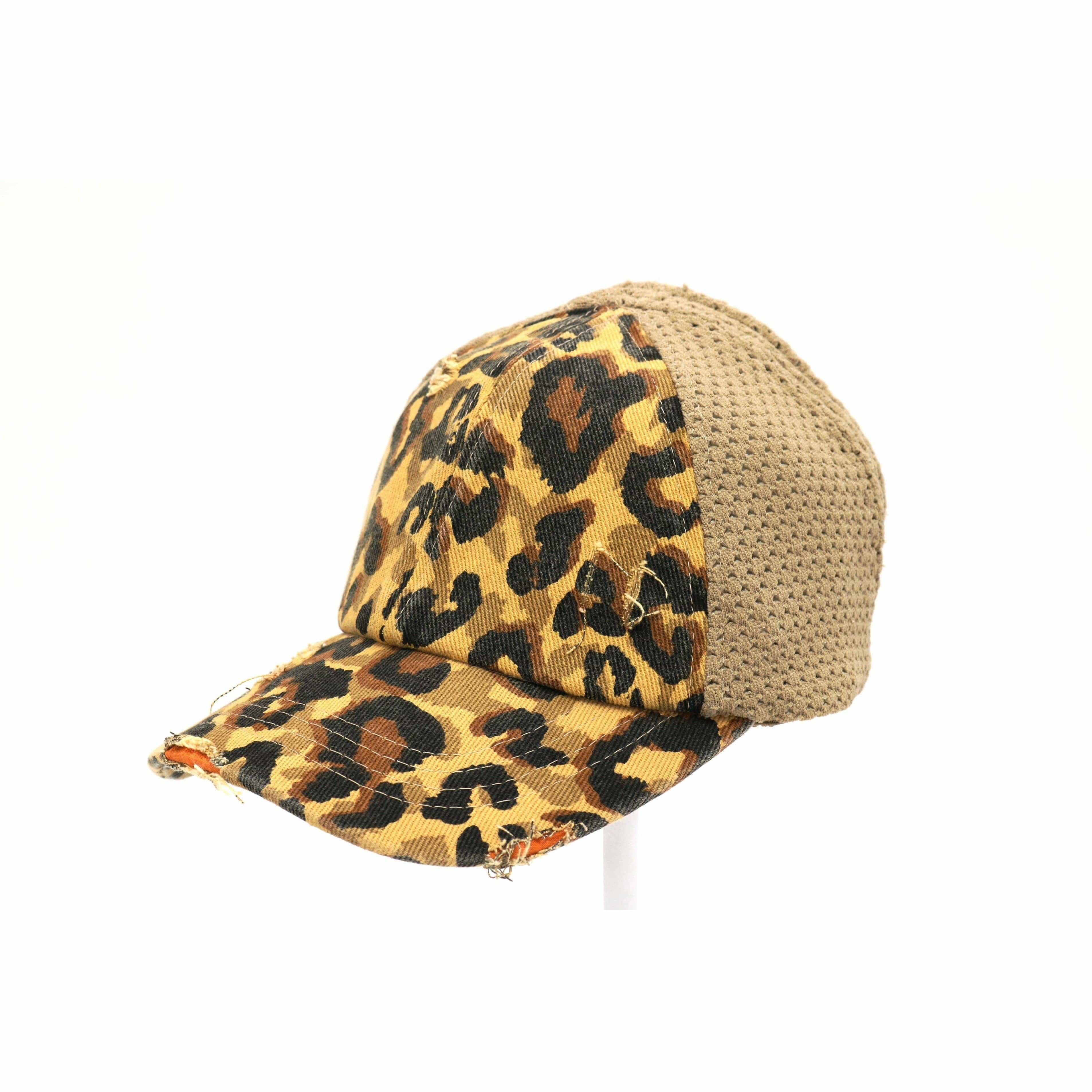 Leopard Distressed Stretch Mesh High Pony Baseball Hat
