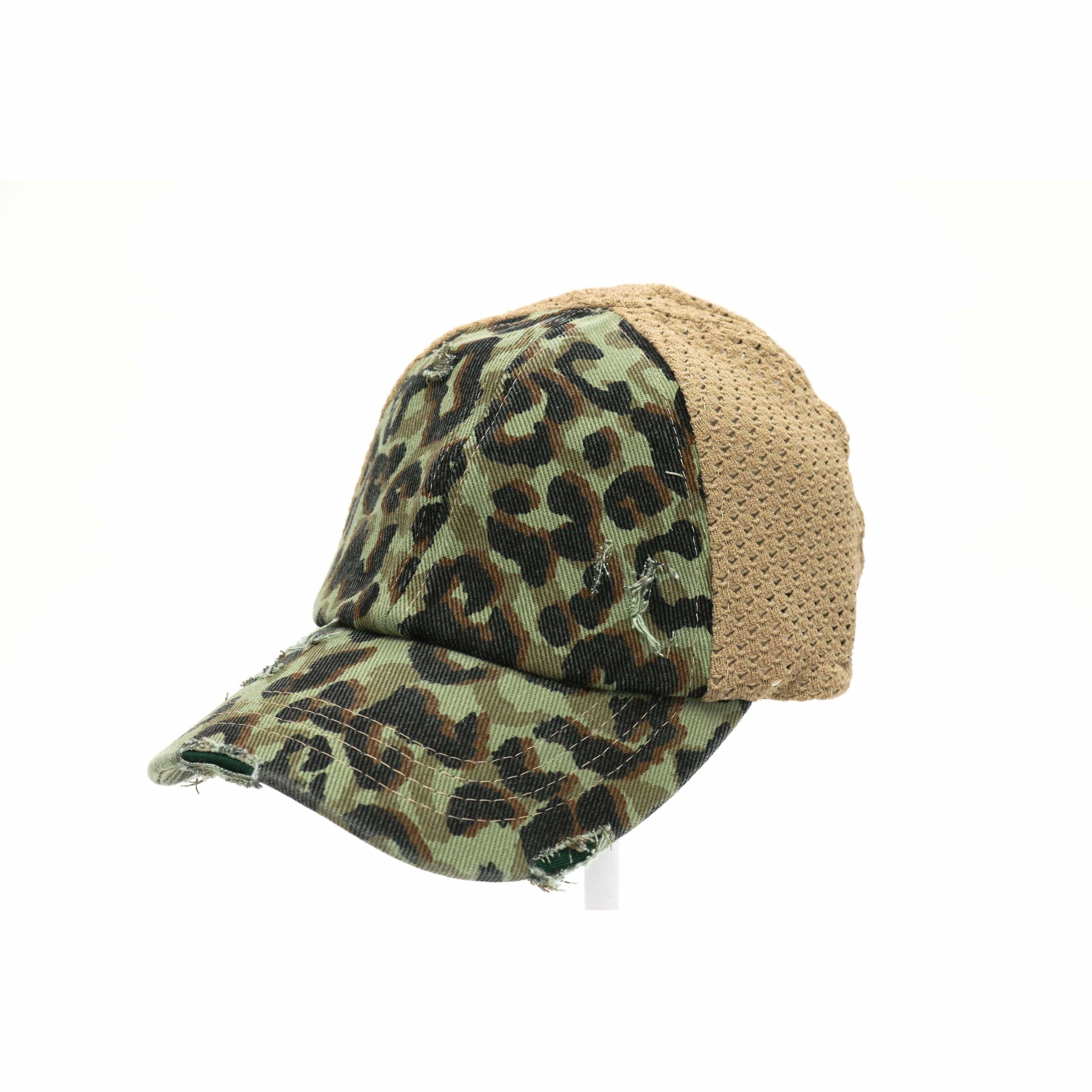 Leopard Distressed Stretch Mesh High Pony Baseball Hat