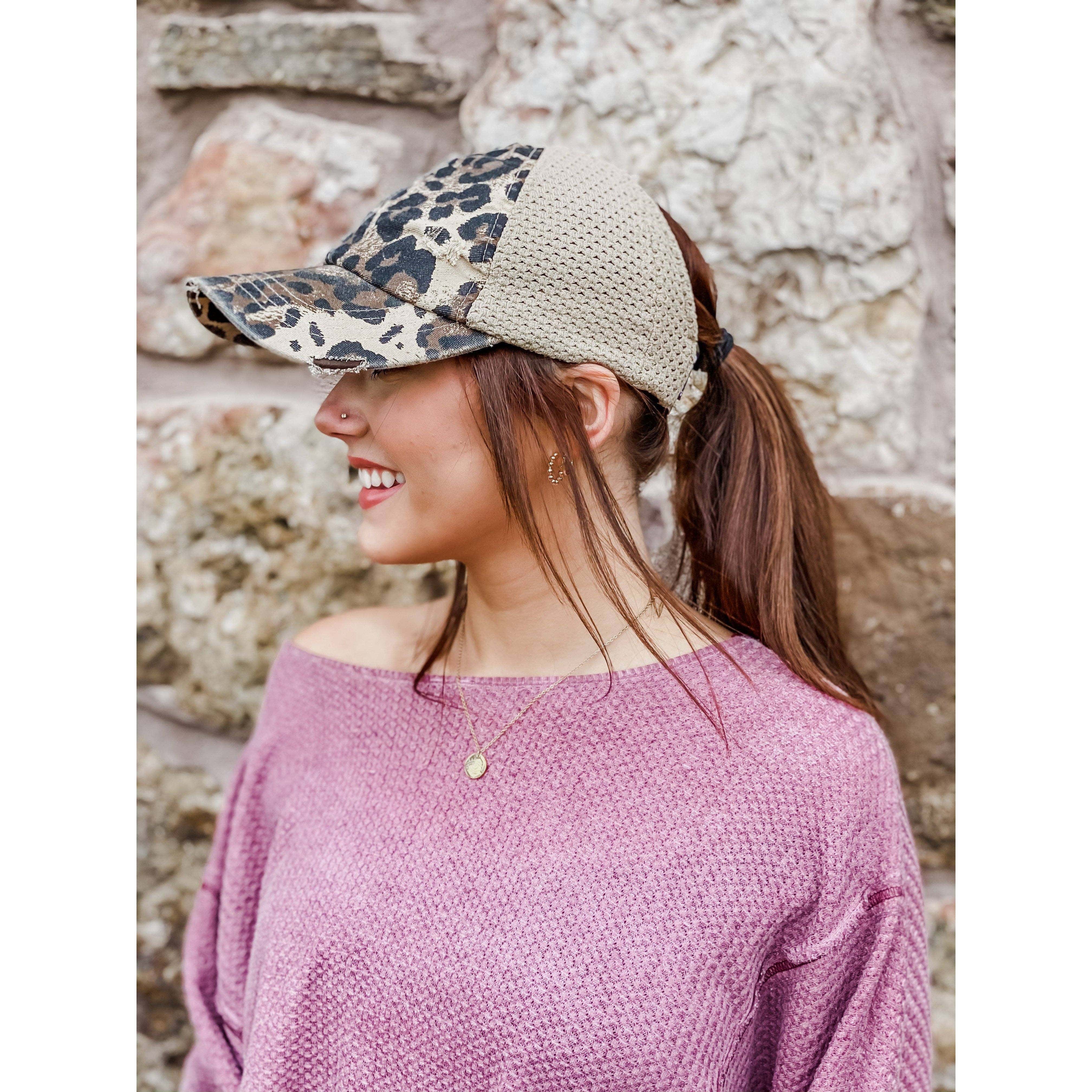 Leopard Distressed Stretch Mesh High Pony Baseball Hat