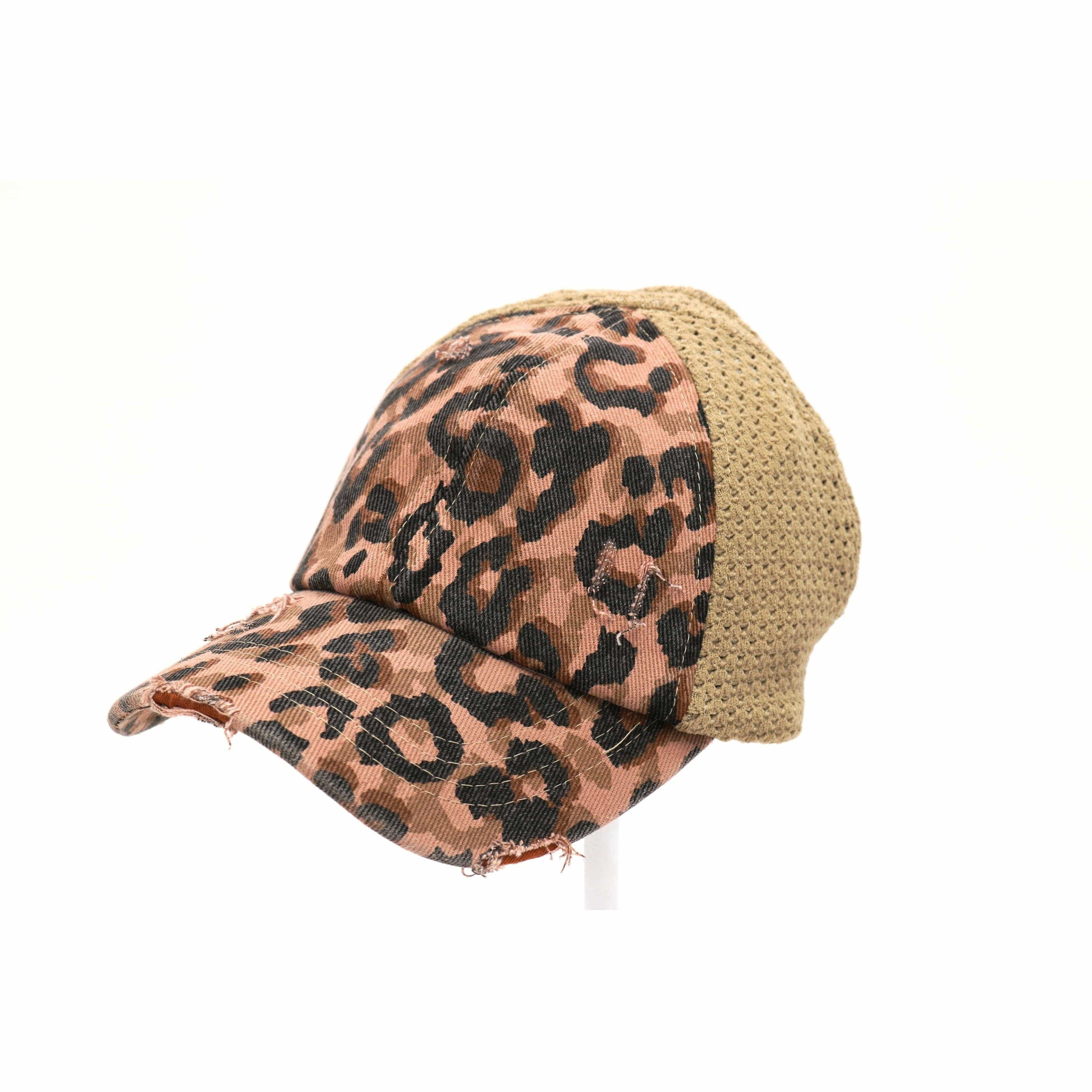 Leopard Distressed Stretch Mesh High Pony Baseball Hat