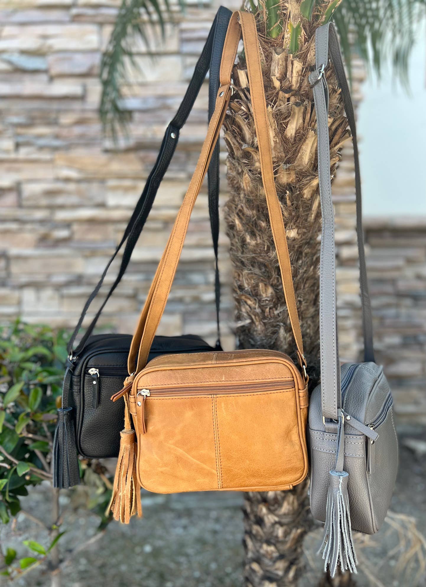 Light Brown Leather Crossbody with Tassel