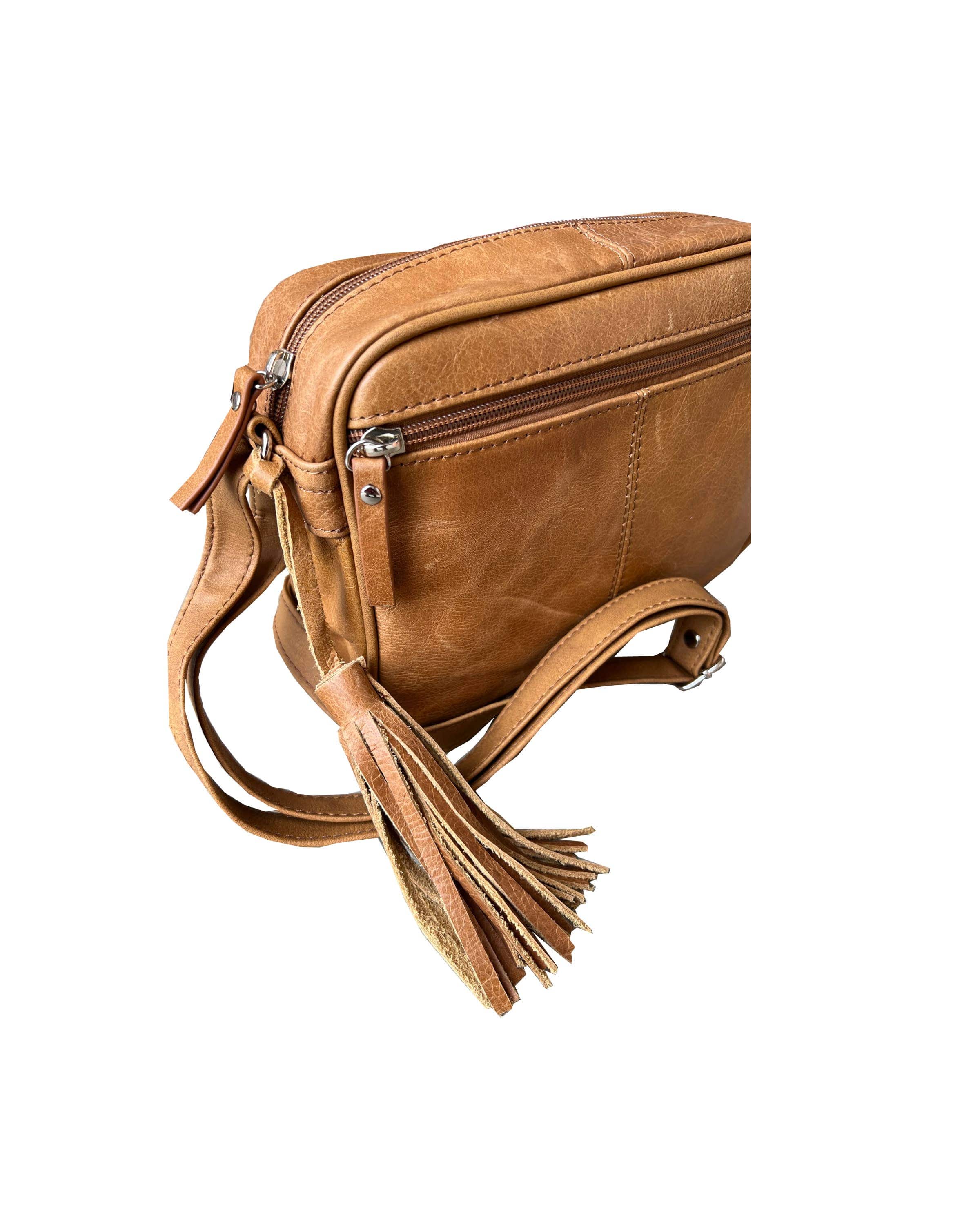 Light Brown Leather Crossbody with Tassel