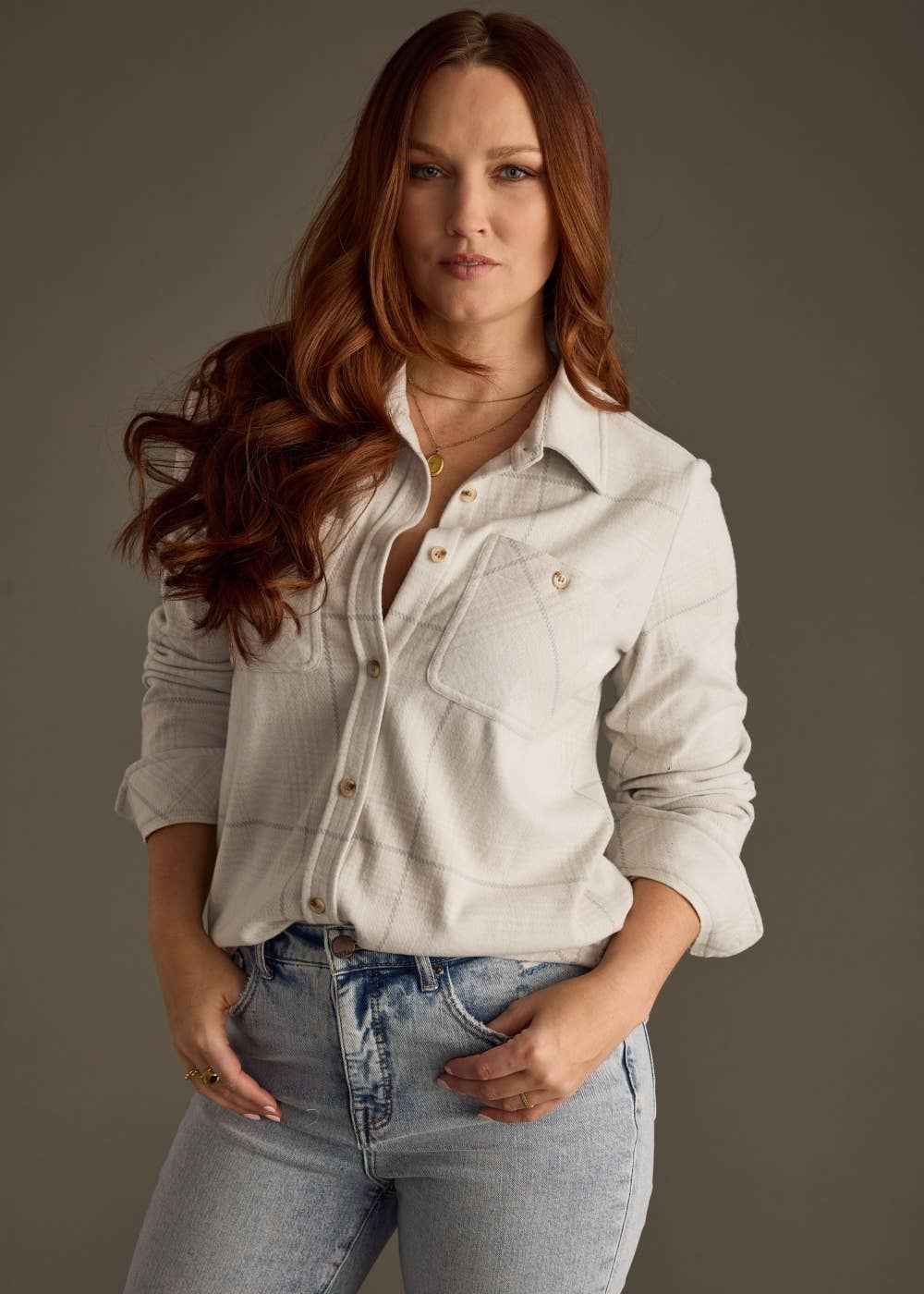 Light Tan & Gray Plaid Super Soft Button Up Flannel