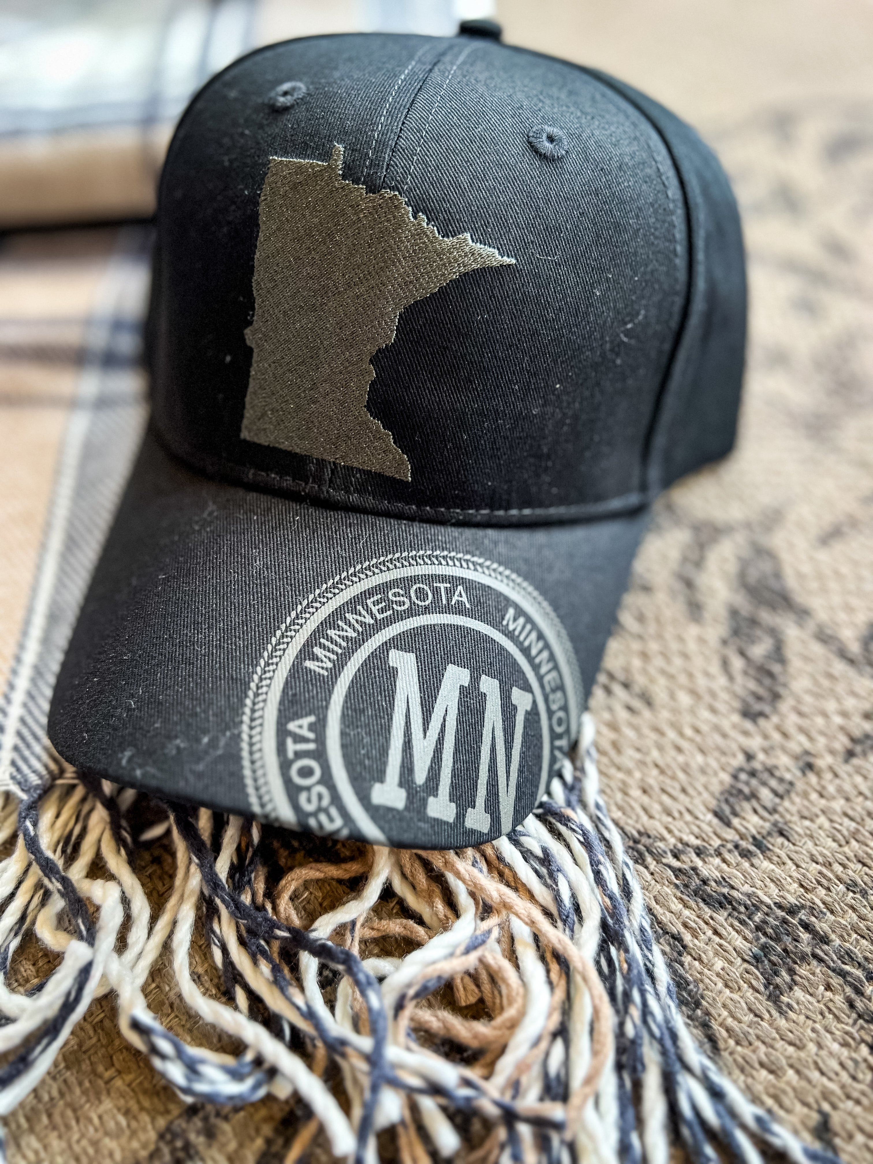 Minnesota State Outline & Stamped Black Baseball Hat