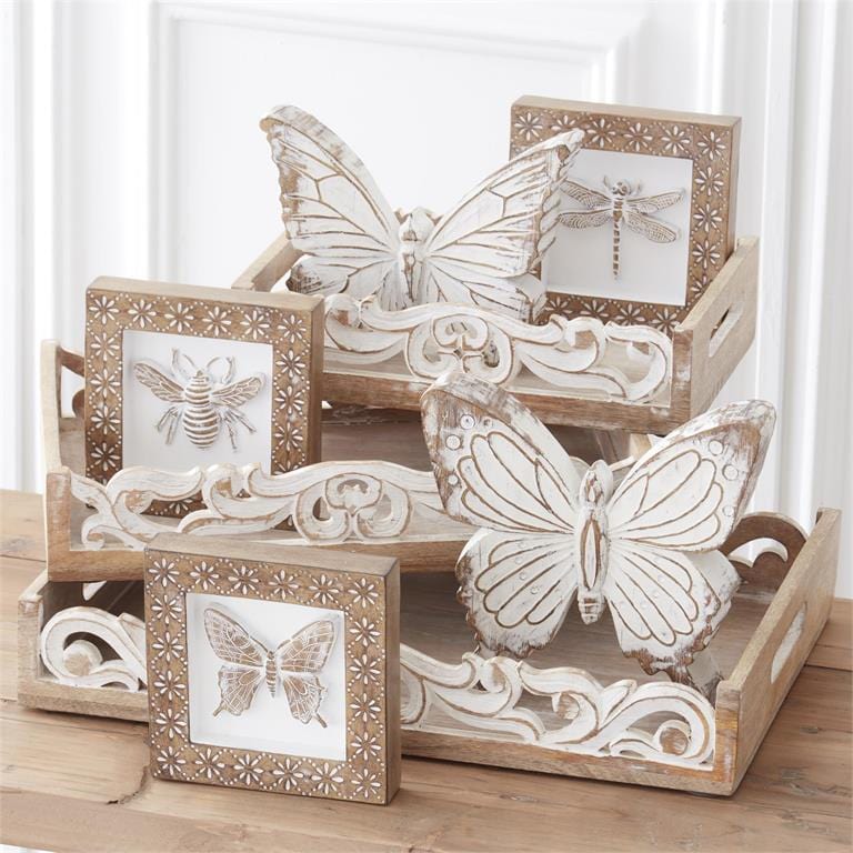 Nesting Whitewashed Wood Scrolled Edge Tray