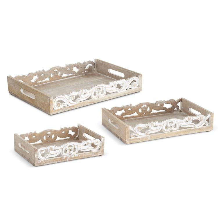 Nesting Whitewashed Wood Scrolled Edge Tray