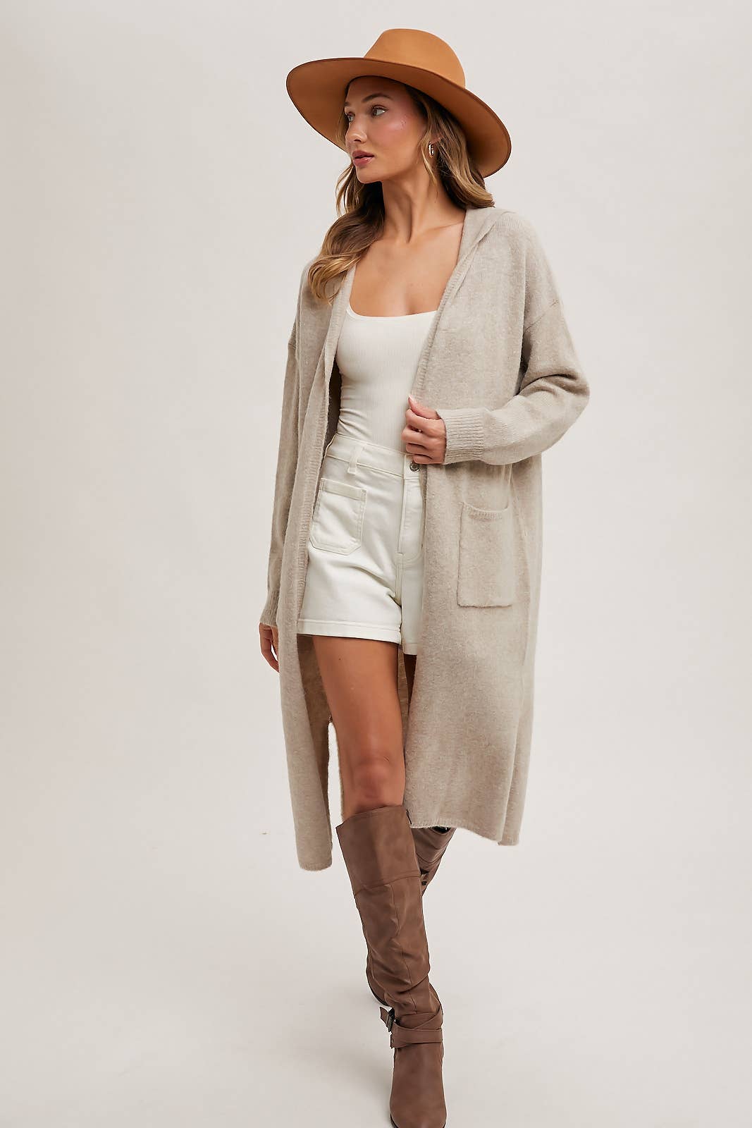 Oatmeal Long Line Open Front Cardigan