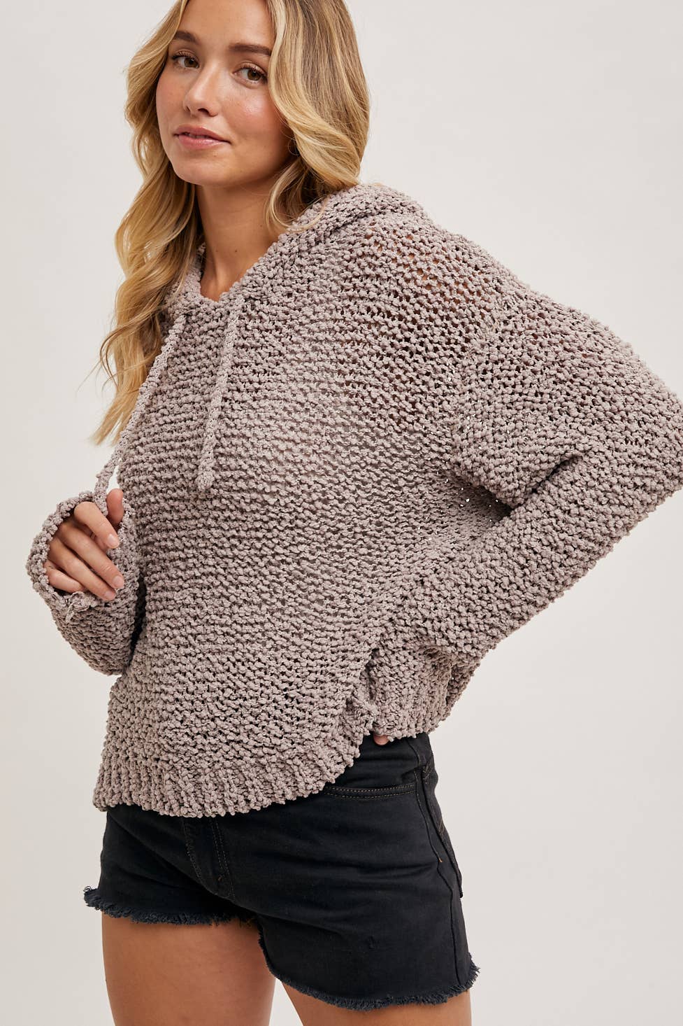 Popcorn Knit Hooded Sweater