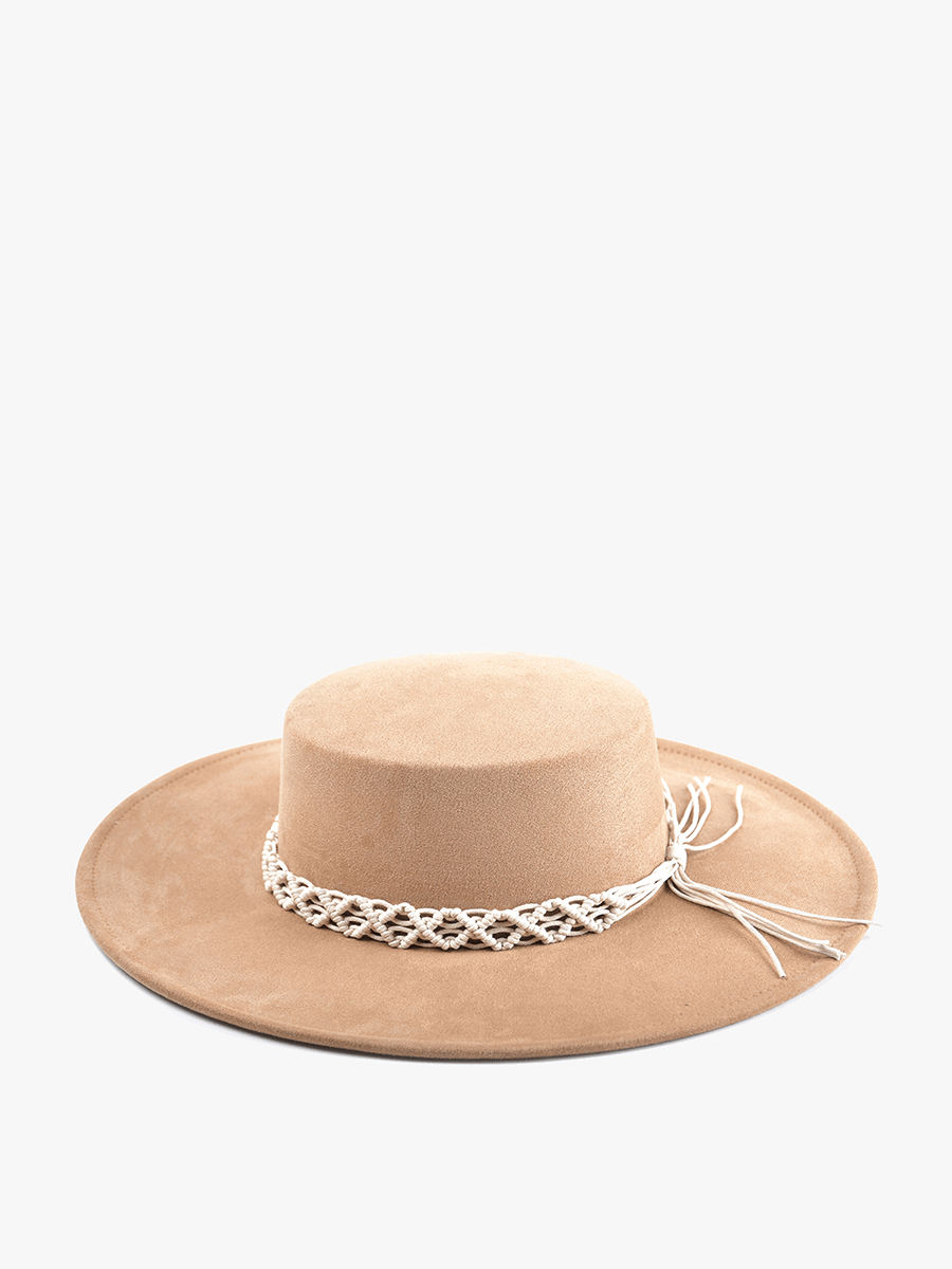 Tan Jazzlyn Faux Suede Boater Hat w/ Macrame Band
