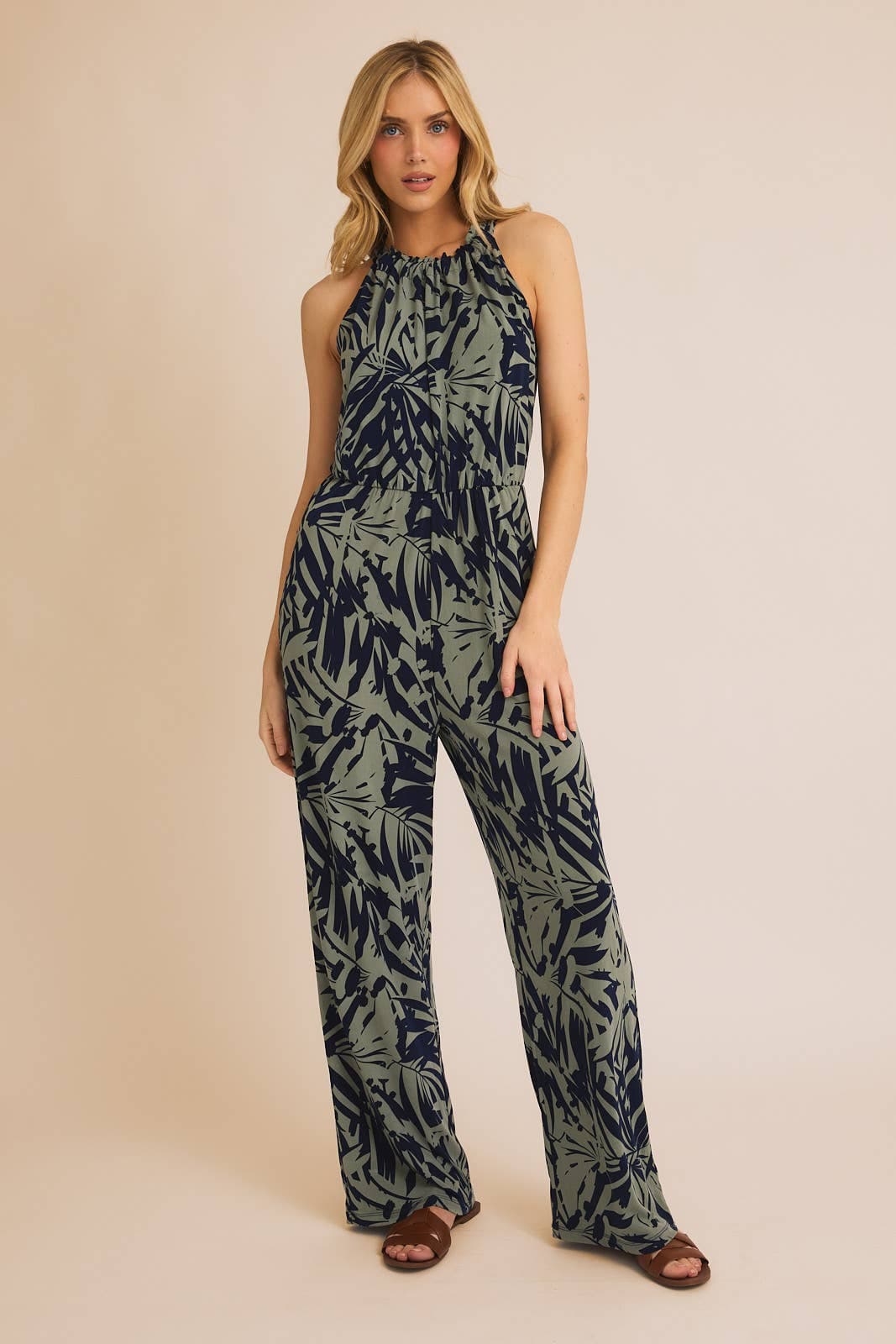 Tropical Palm Sleeveless Halter Jumpsuit