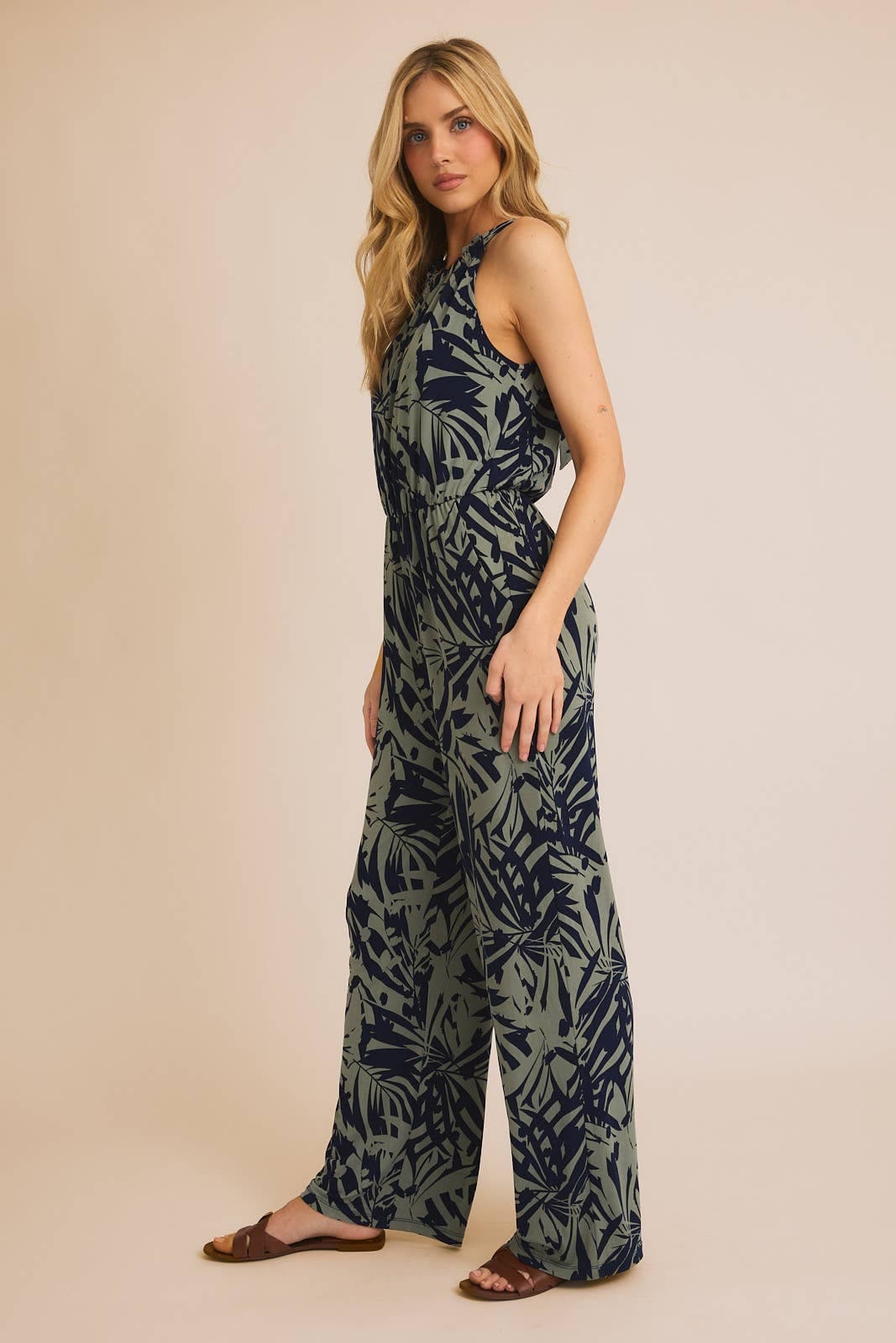 Tropical Palm Sleeveless Halter Jumpsuit