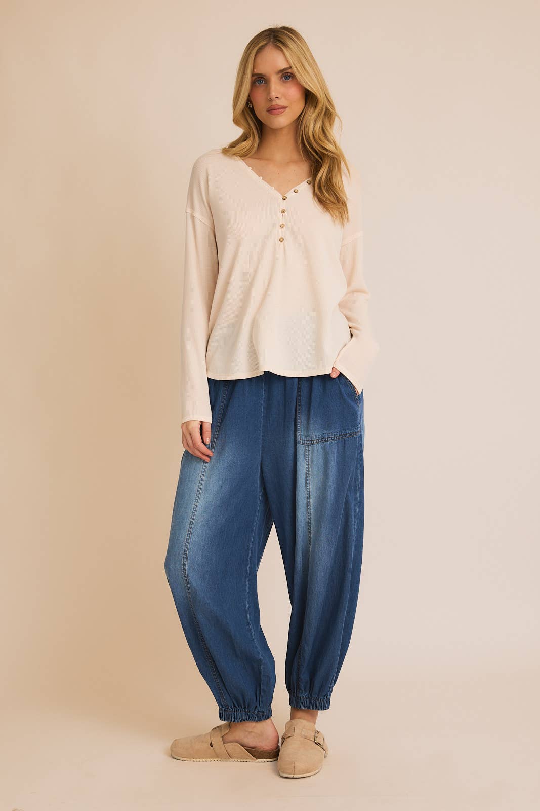 V-Neck Button Up Long Sleeve Top