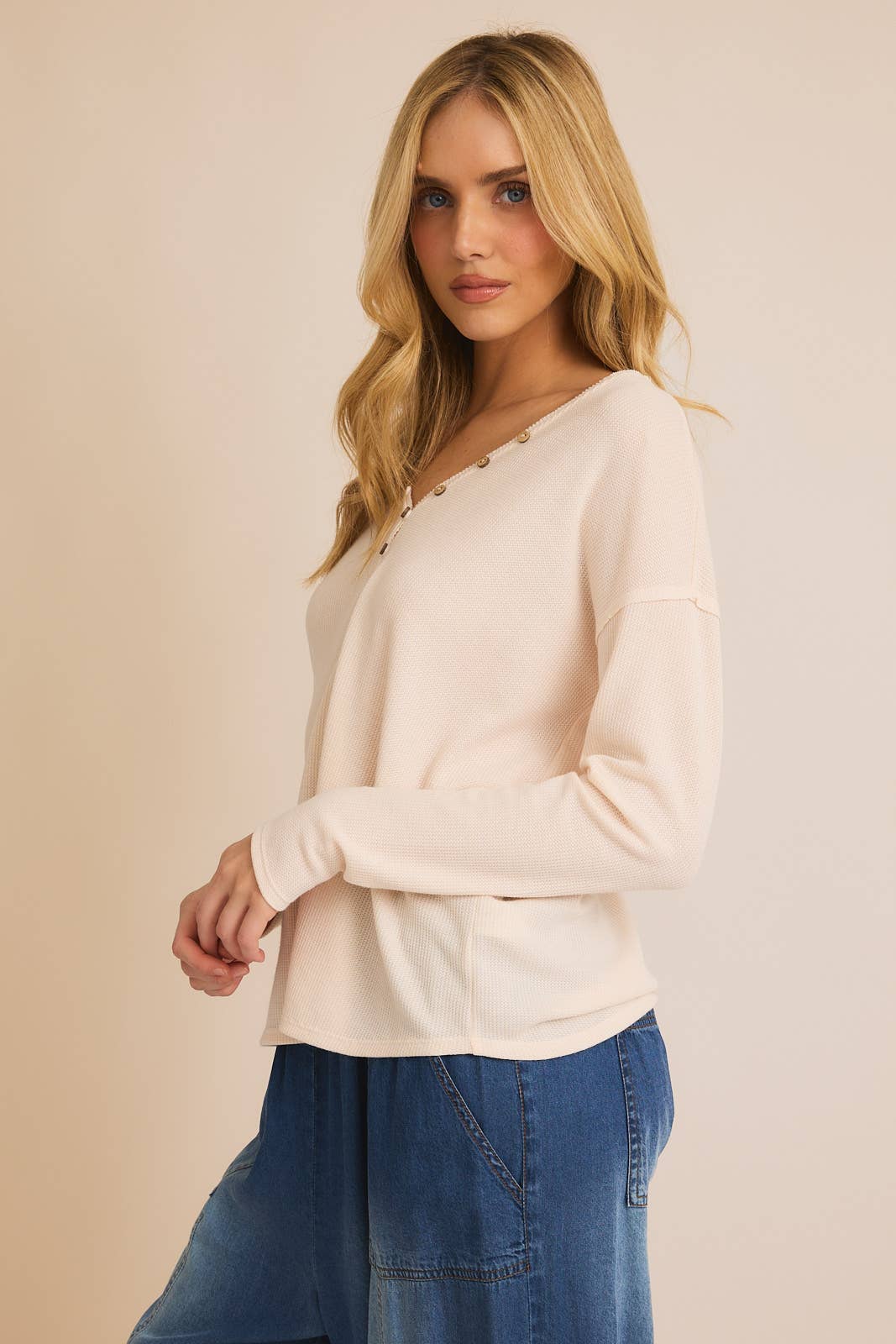 V-Neck Button Up Long Sleeve Top