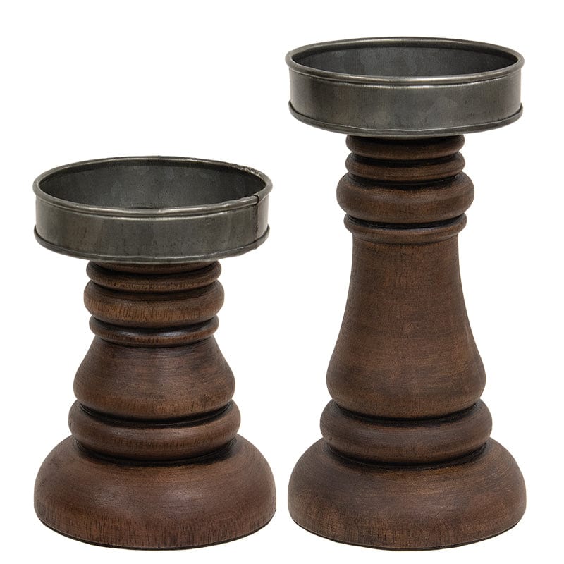 Walnut Stained Wood & Metal Pillar Holders