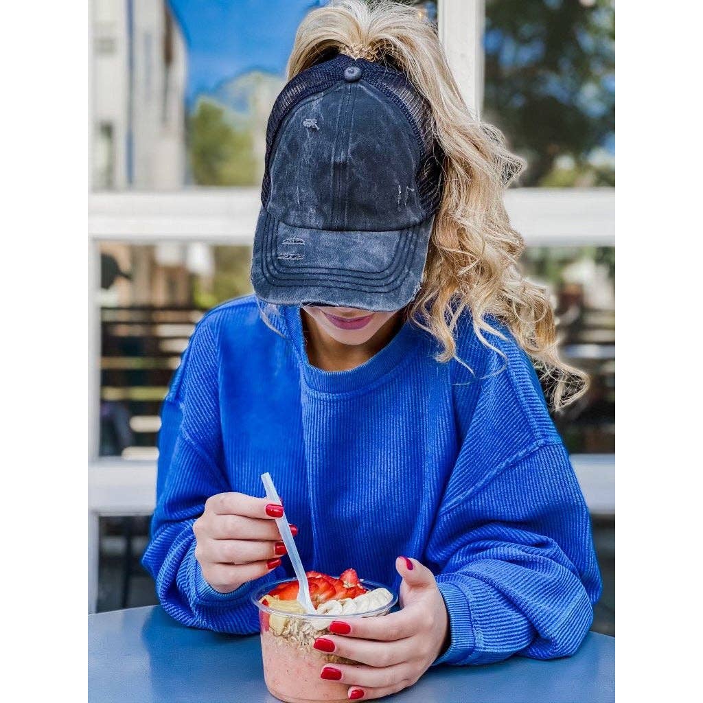 Washed Denim Criss Cross High Pony CC Baseball Hat