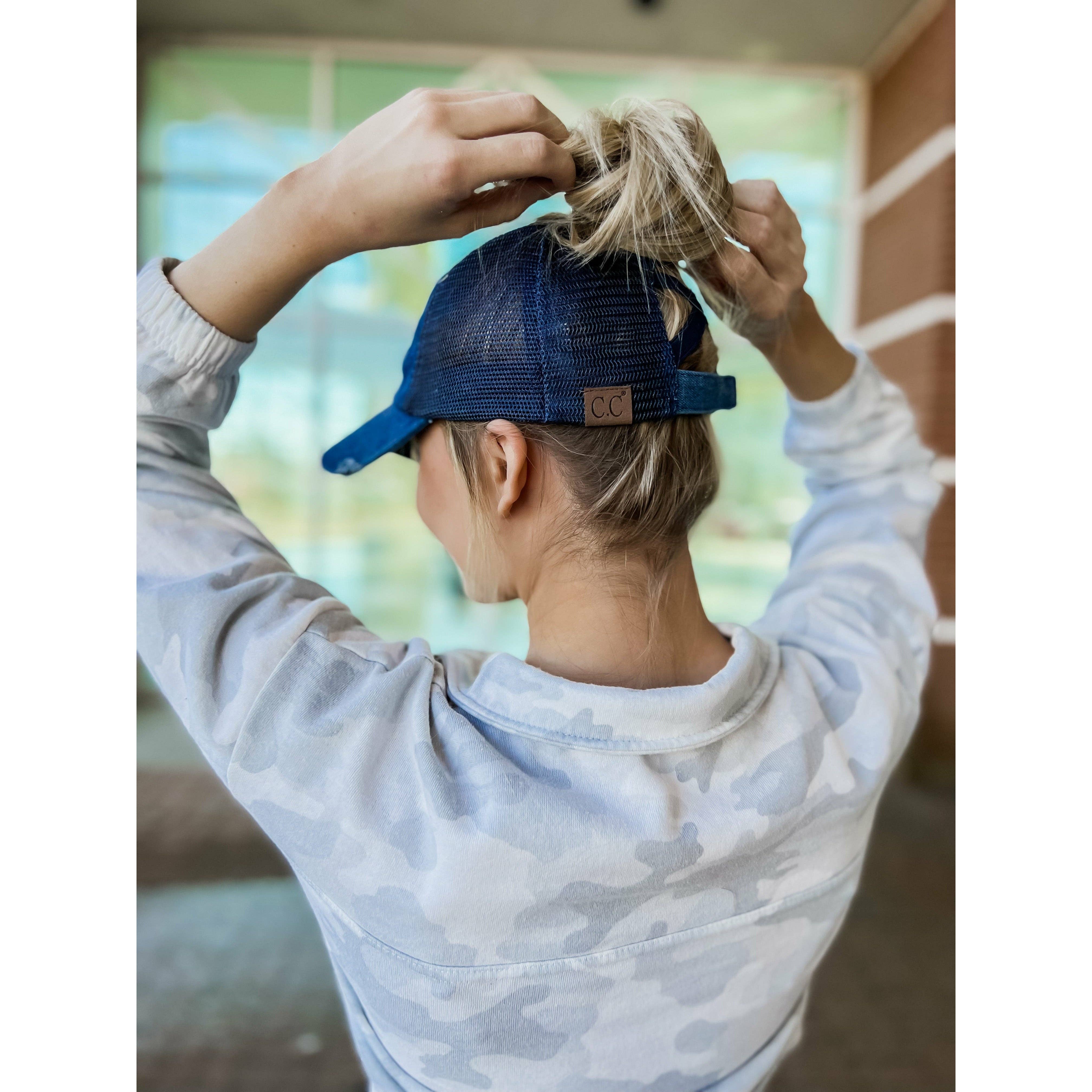 Washed Denim Criss Cross High Pony CC Baseball Hat