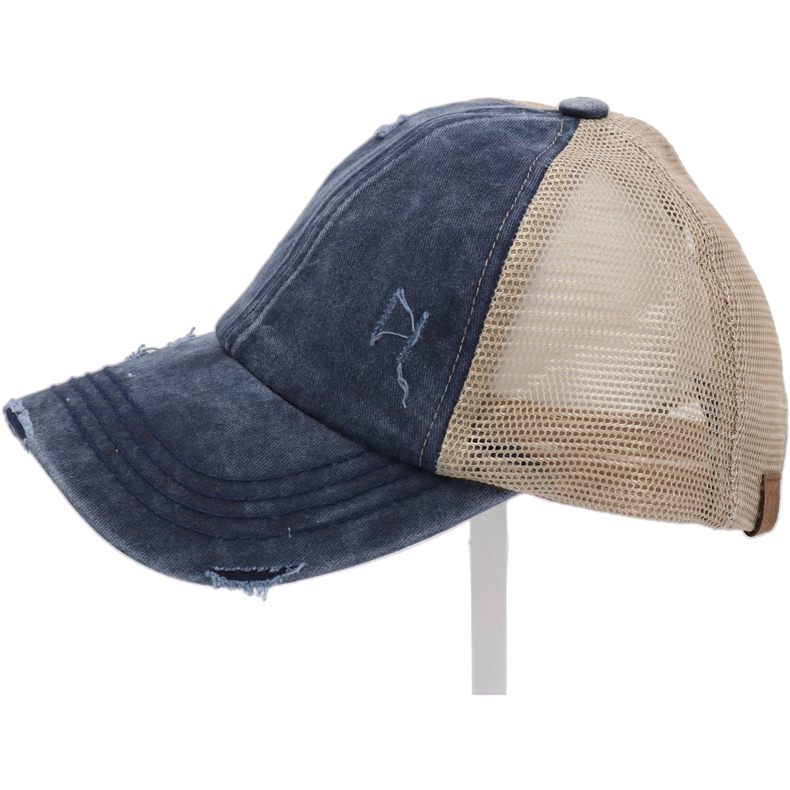 Washed Denim Criss Cross High Pony CC Baseball Hat
