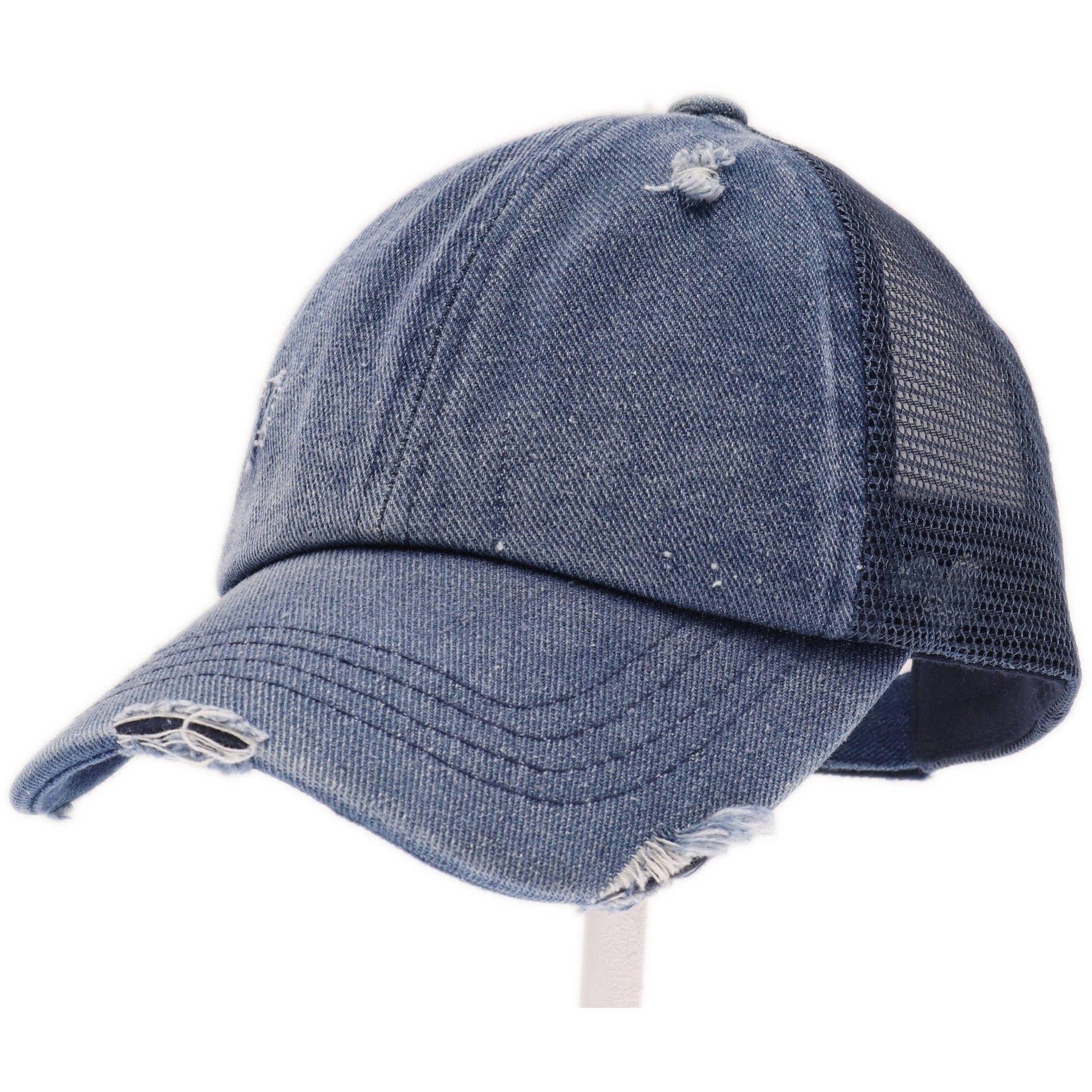 Washed Denim Criss Cross High Pony CC Baseball Hat