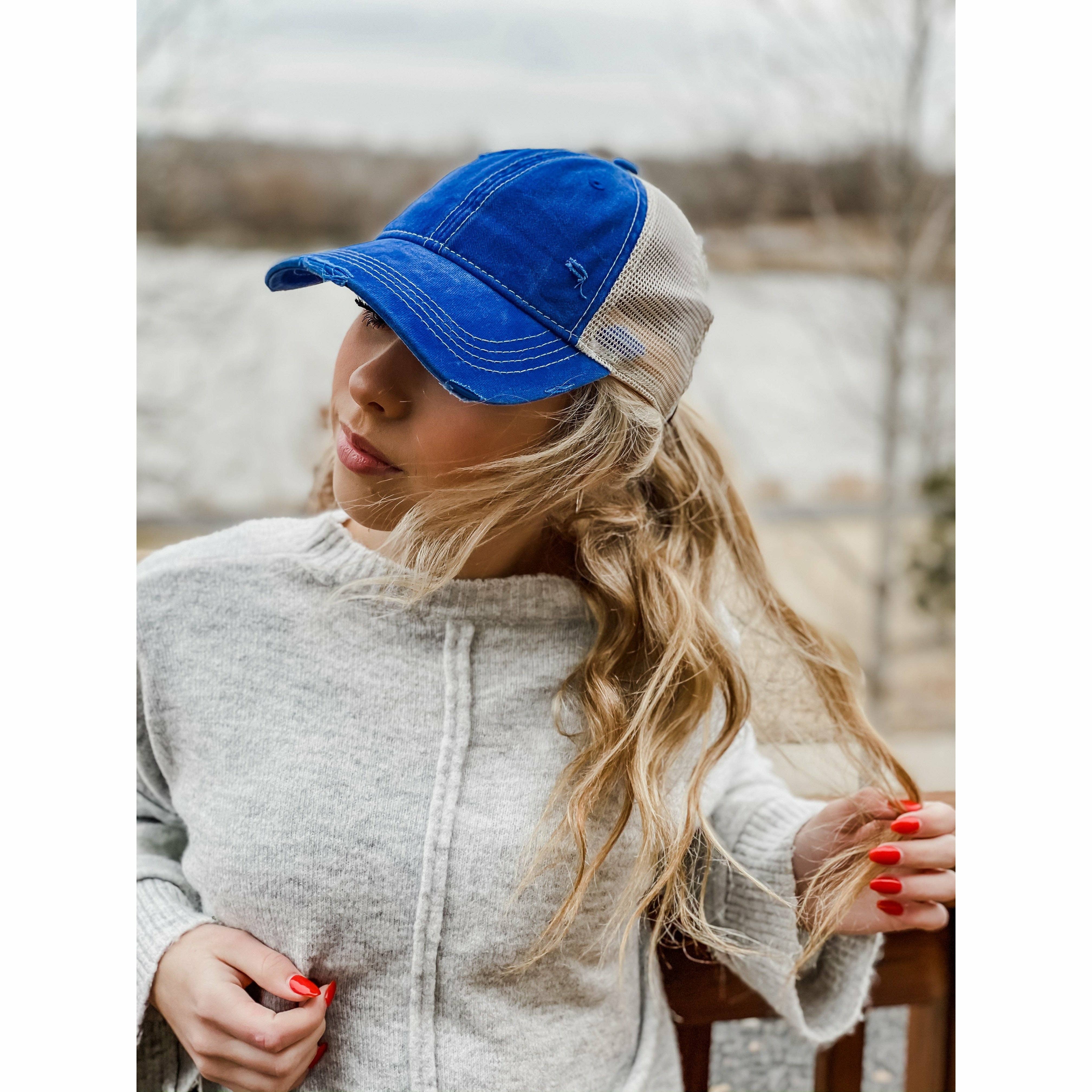 Washed Mesh Back High Pony CC Ball Cap BT12: Navy