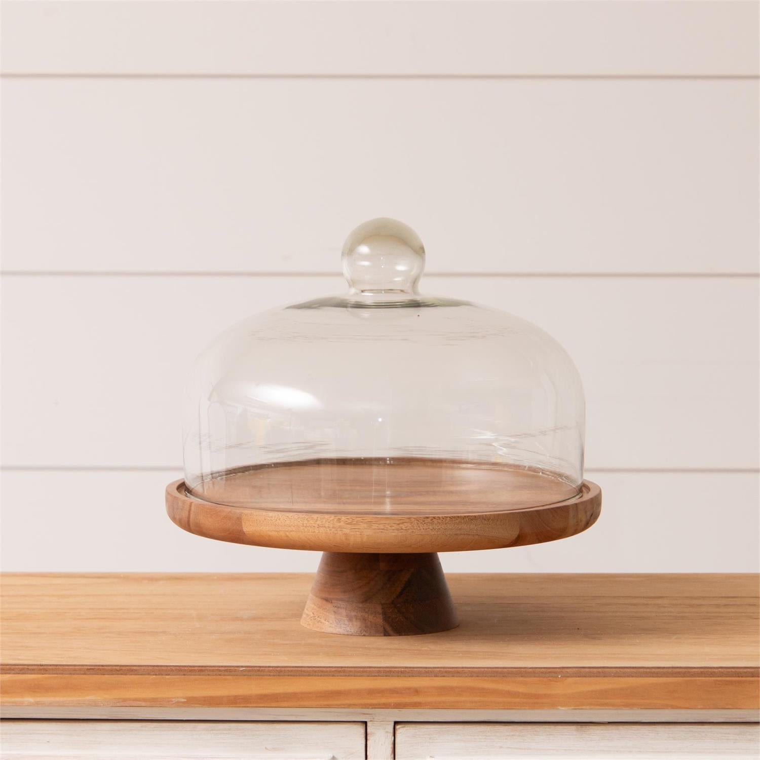 Wood Cake Stand with Glass Dome