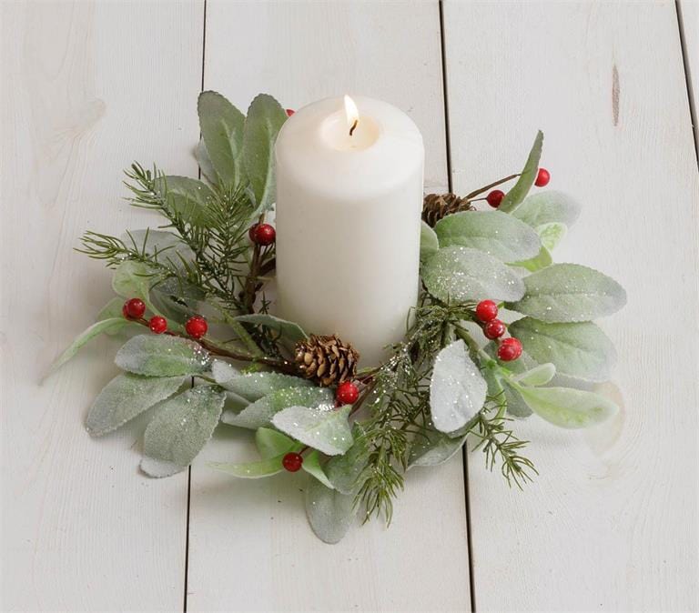 Glittered Lamb Ears with Berries & Pinecones Candle Ring