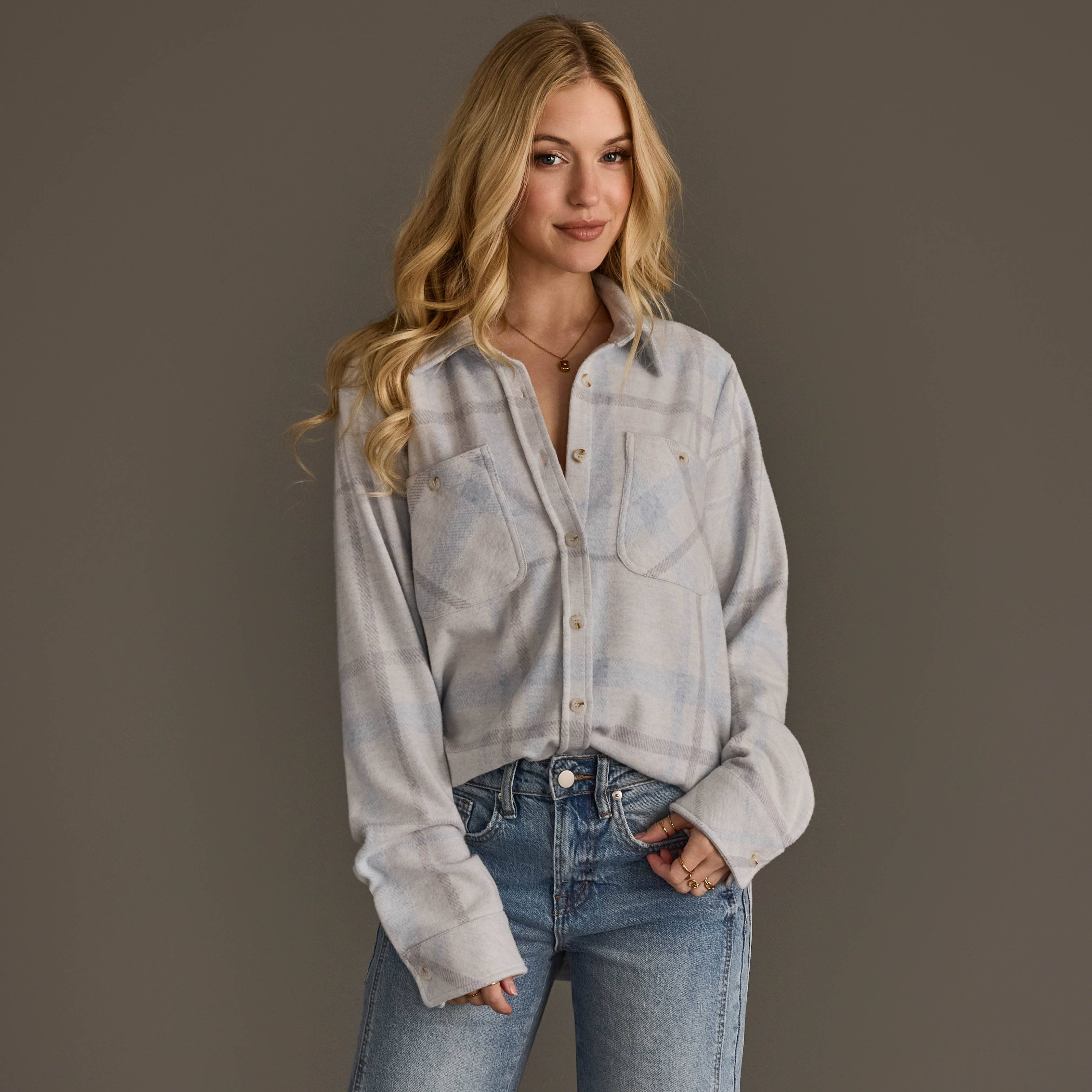 White, Gray & Light Blue Plaid Buttery Soft Button Up