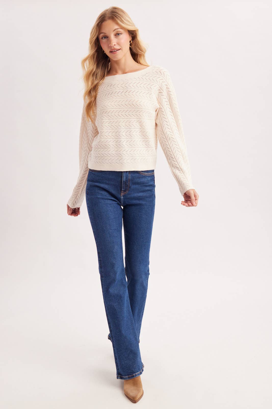 CHEVRON POINTELLE BOAT-NECK KNIT SWEATER PULLOVER: ECRU / S/M