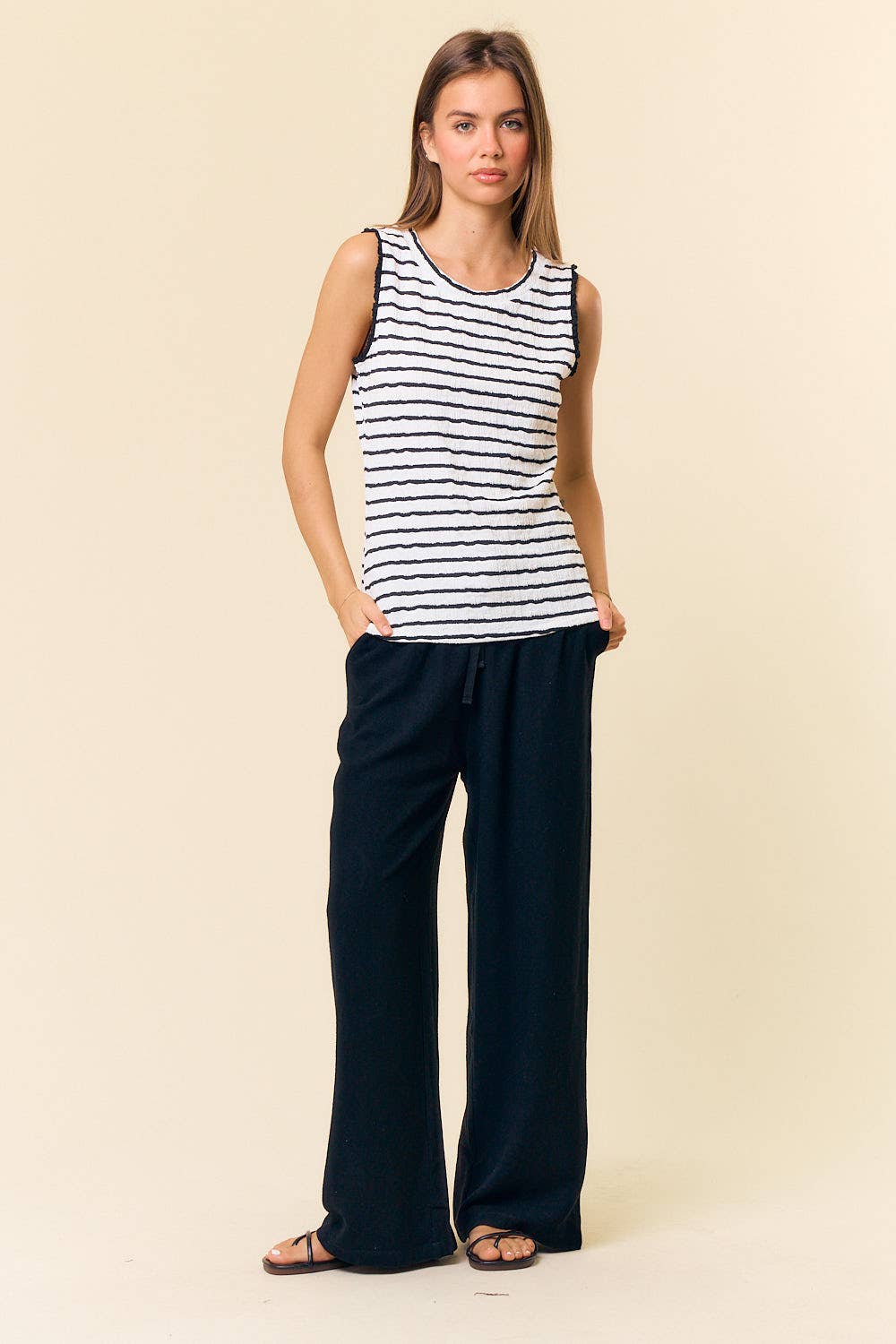 TEXTURED STRIPE KNIT RUFFLE TANK TOP - 44337T-1: Black / L