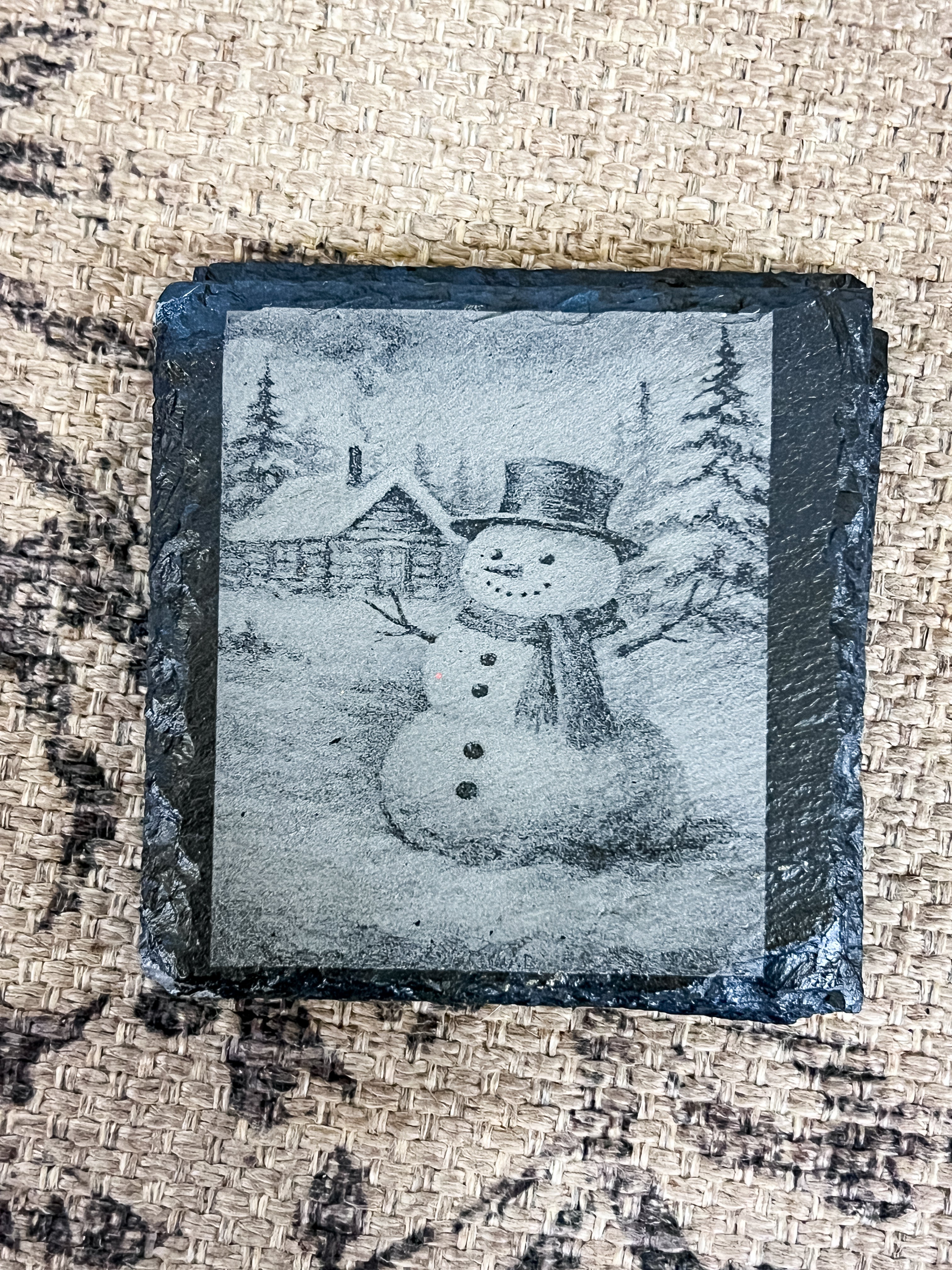 Snowmen & Cabin Engraved Coaster