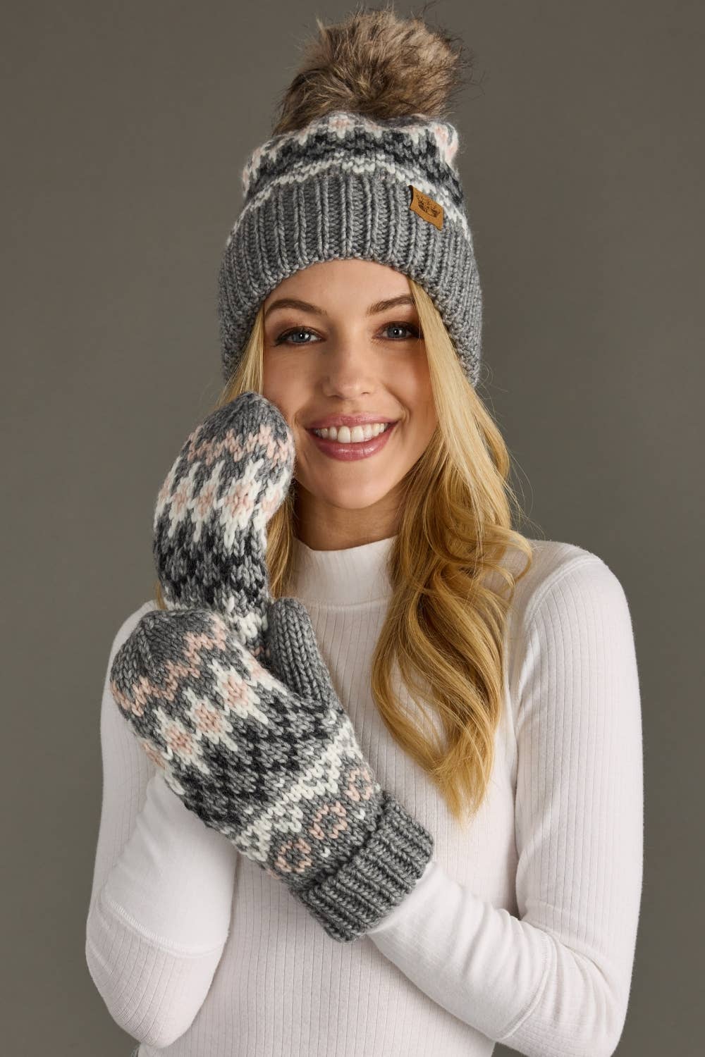 Gray, White & Blush Winter Pattern Pom Hat