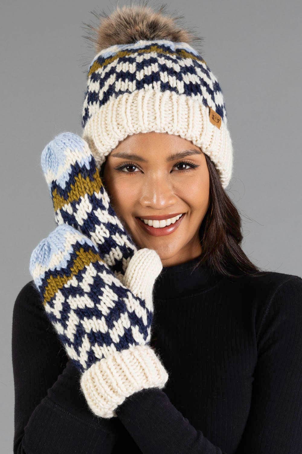 Beige, Navy & Light Blue Patterned Pom Hat