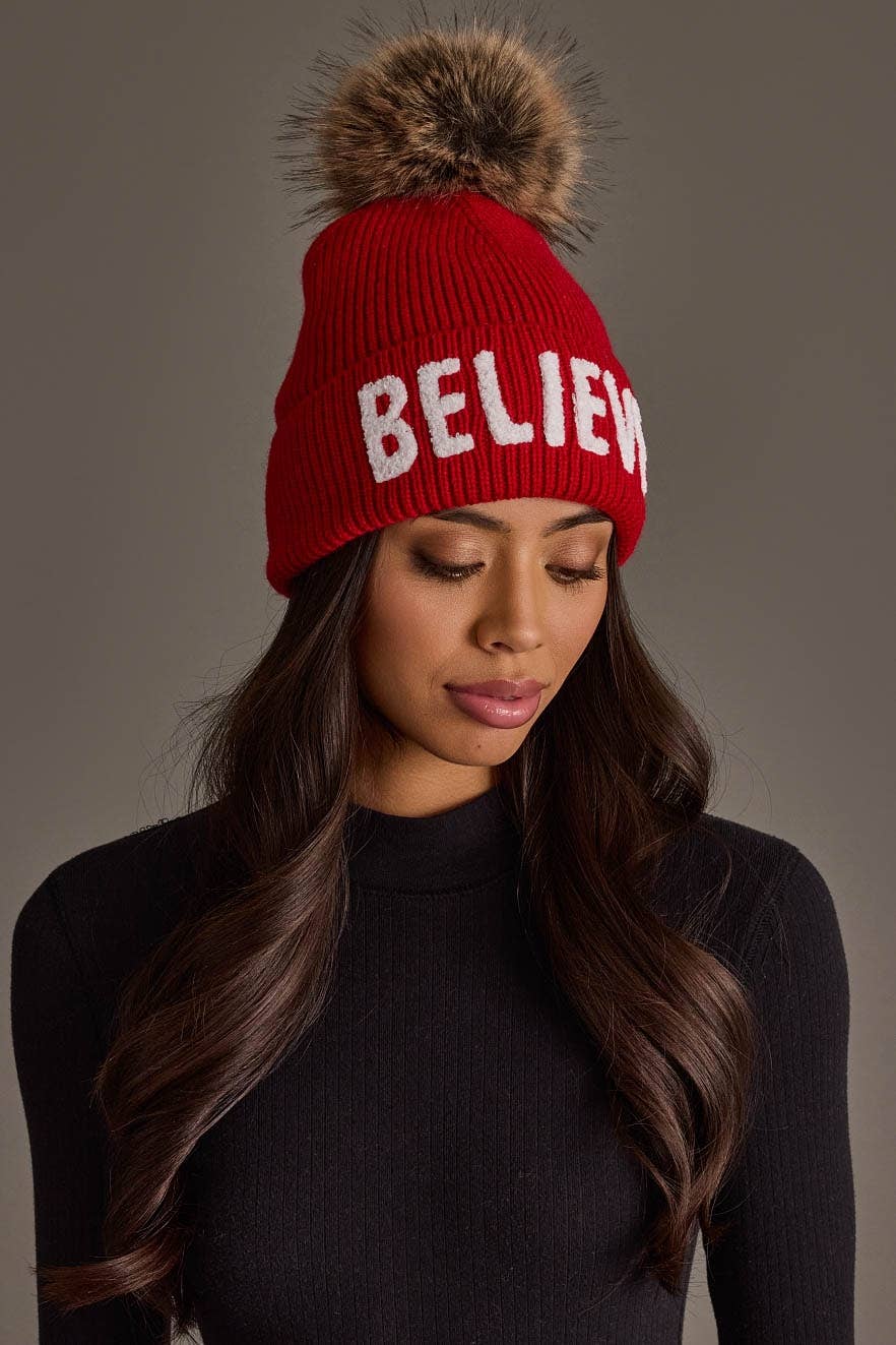 Red Believe Knit Pom Hat