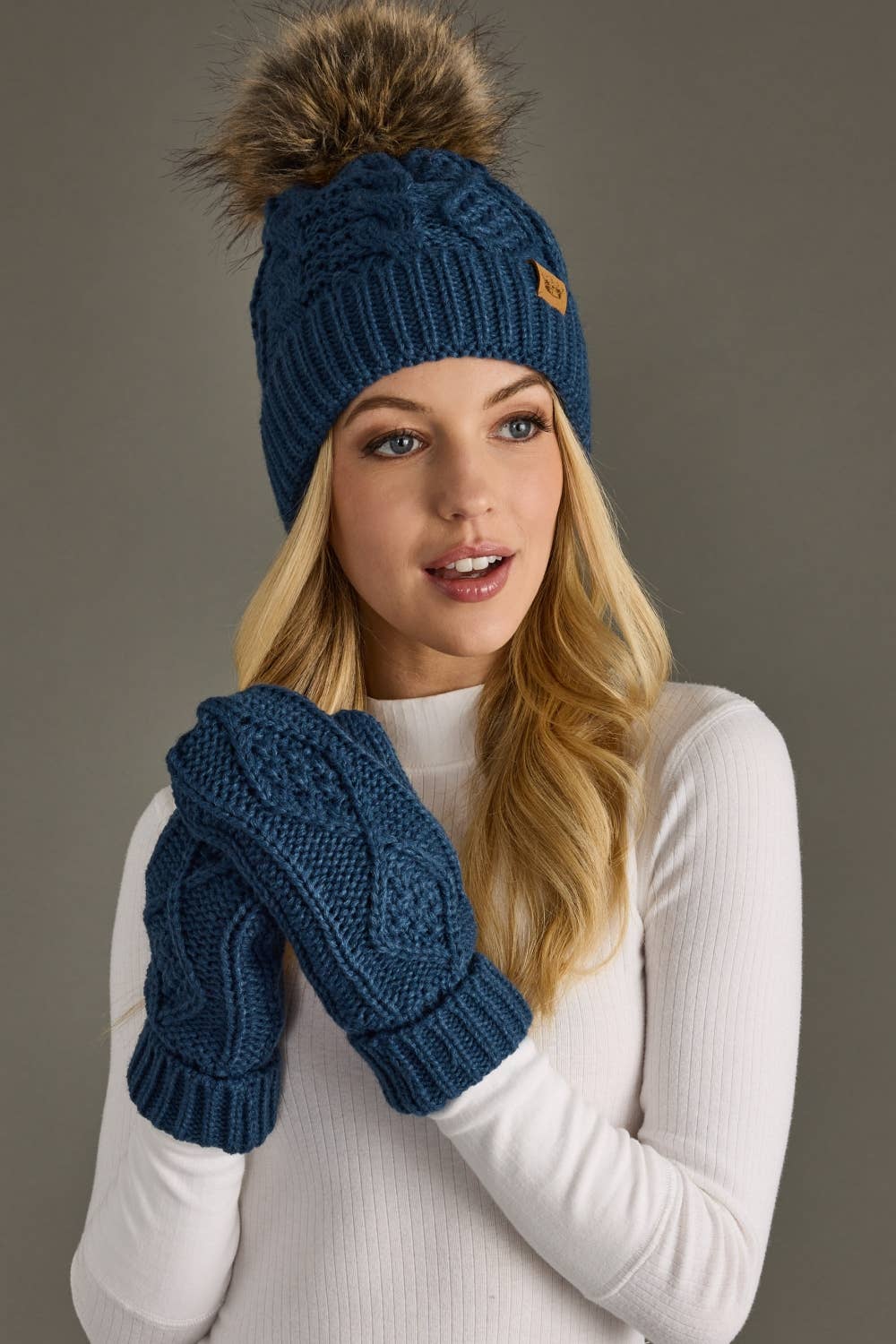 Steel Blue Cable Knit Mittens