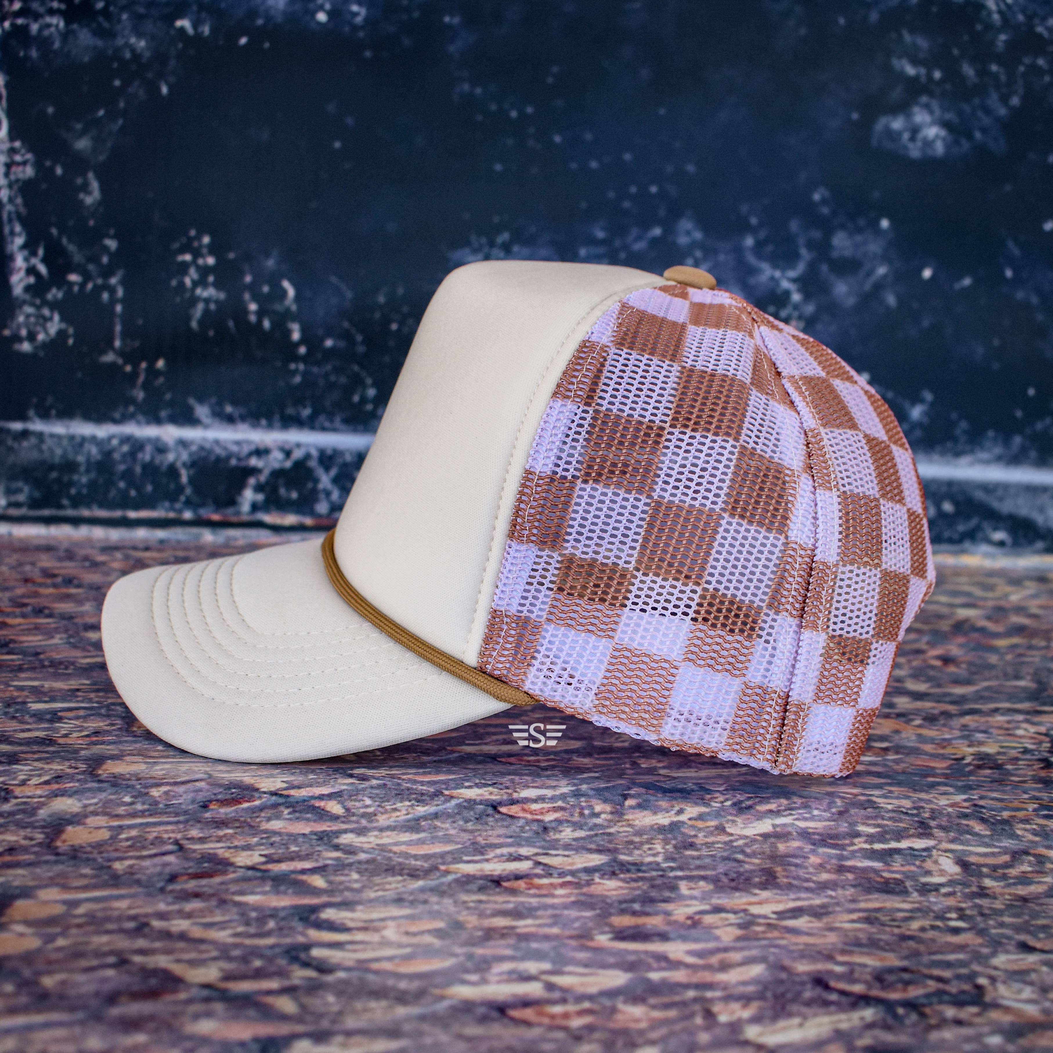 Checkered Mesh Back Cap: Cream/ Caramel