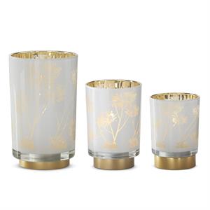White & Gold Floral Print Hurricane Vase