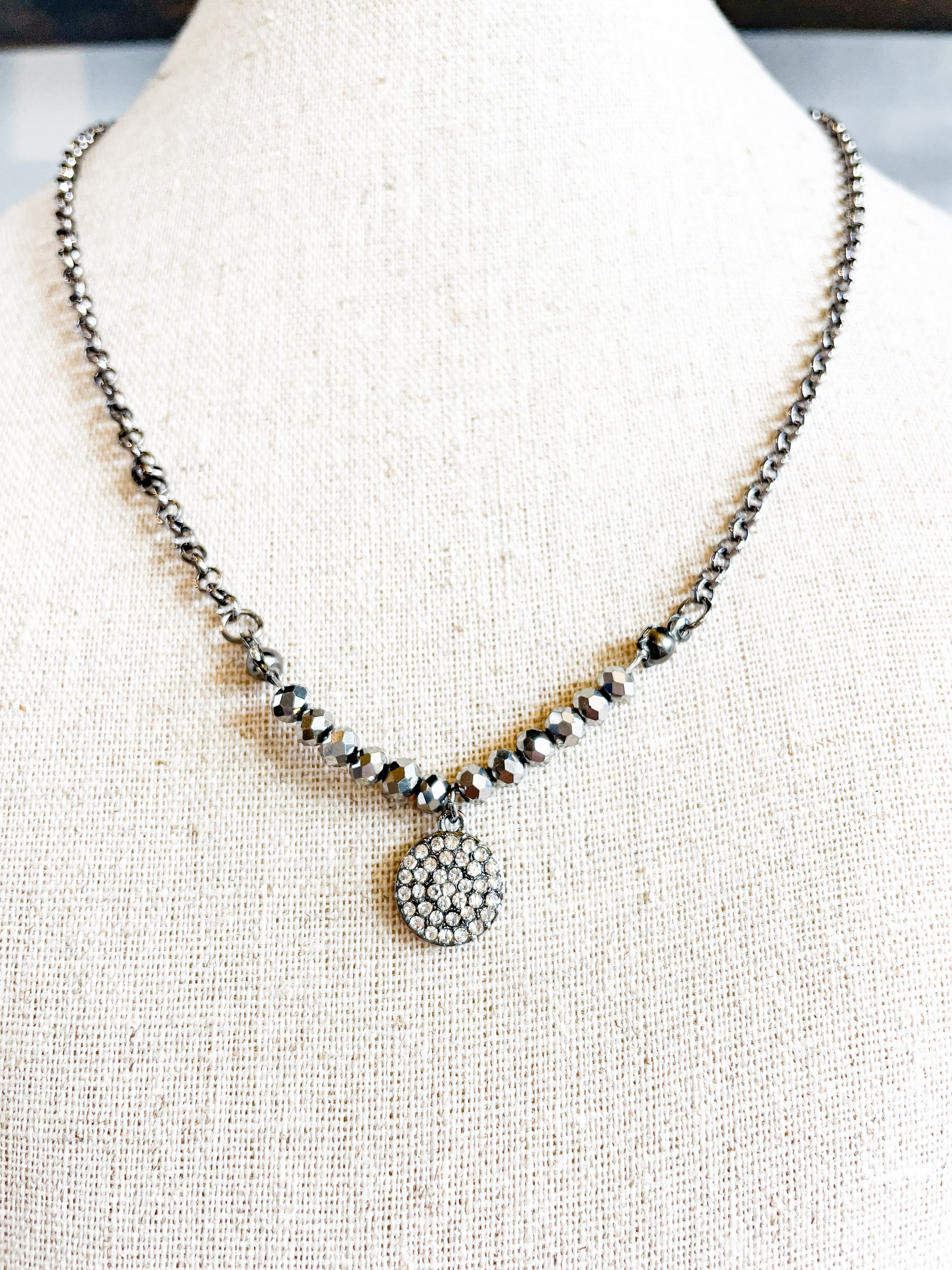 Short Beaded Pave Disc Metallic Necklace