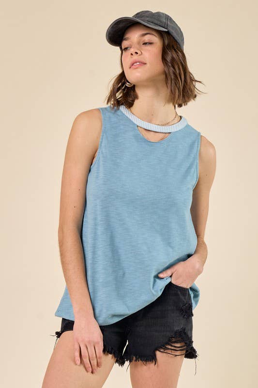 Slub Knit Cutout Muscle Tank, Woven Stripe Details - 14754T: Slate Blue / S