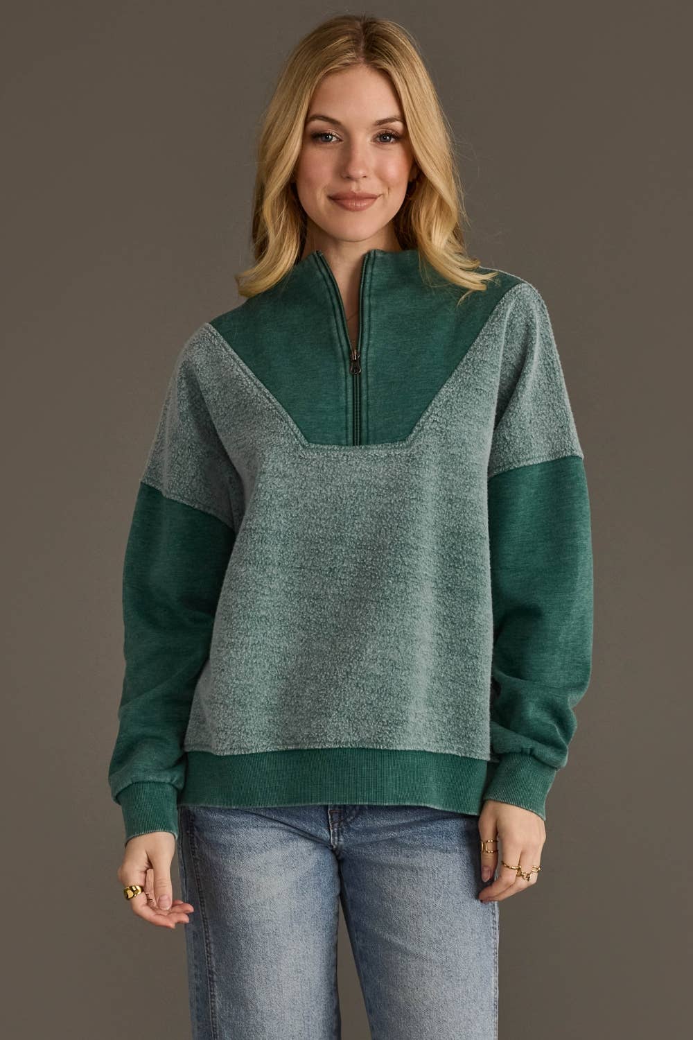 Green Mixed Media Quarter Zip Sweatshirt