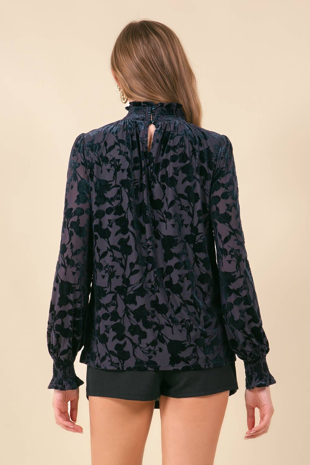 Smocked Mock Neck Long Sleeve Velvet Top