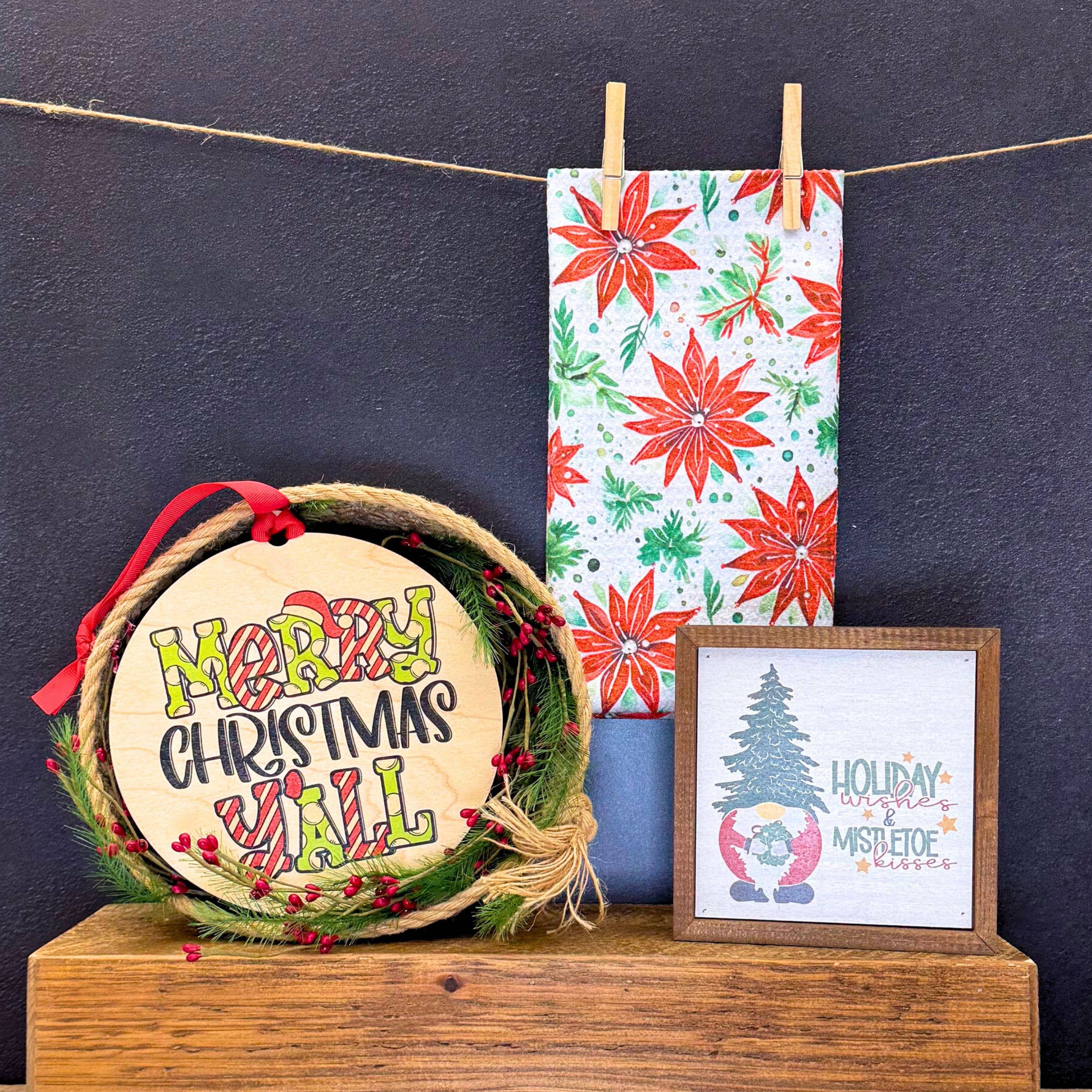 Poinsettia & Holiday Garland Waffle Towels - Christmas Decor