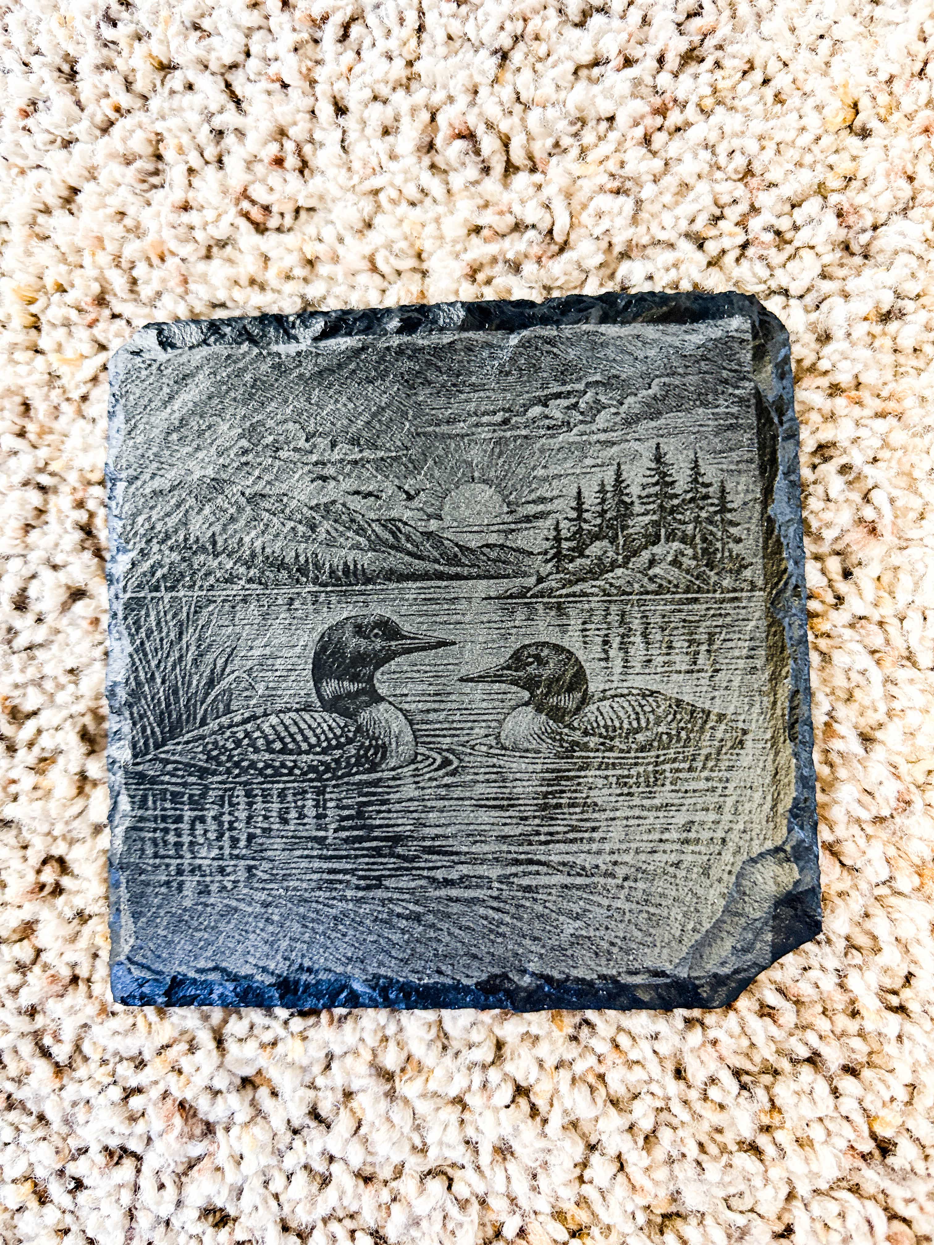 2 Loons on Lake Engraved Coaster