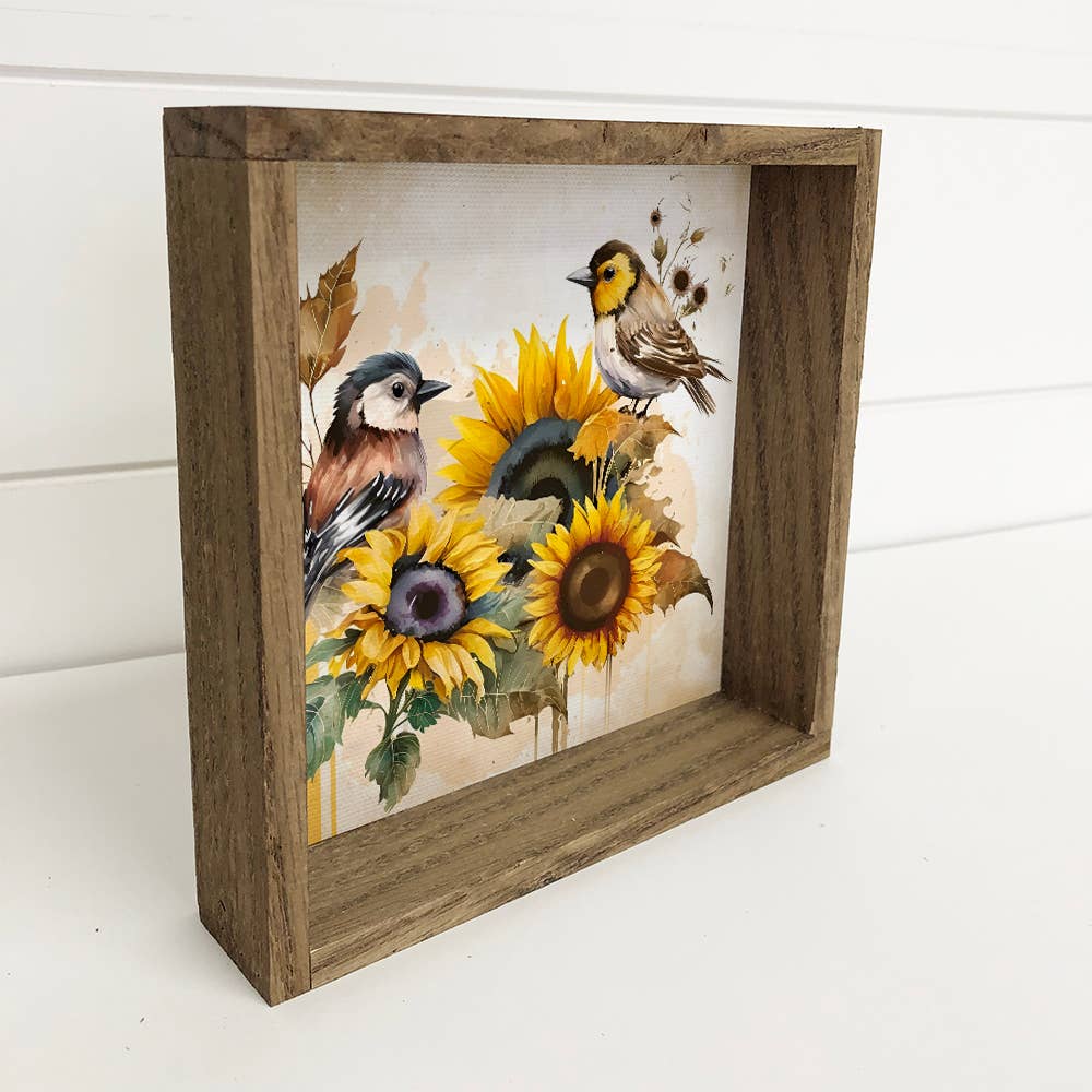 Hangout Home Sunflower Birds - Spring or Fall Watercolor: 6x6" Mini Canvas Art with Wood Box Frame